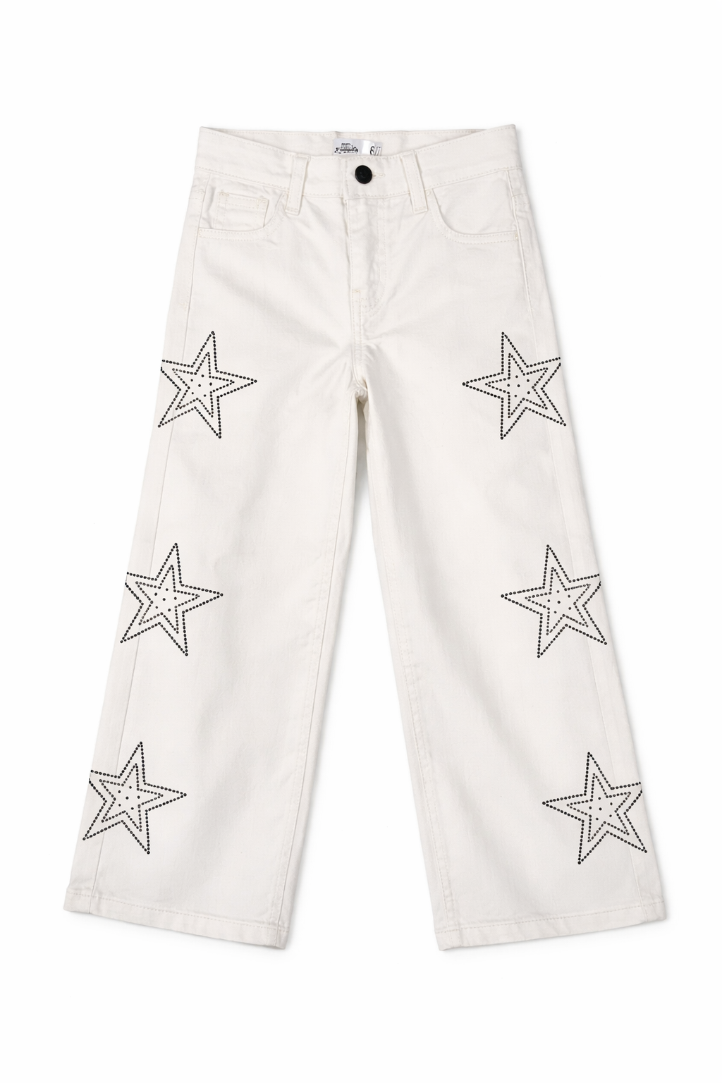 White pants with star patterns on a white background