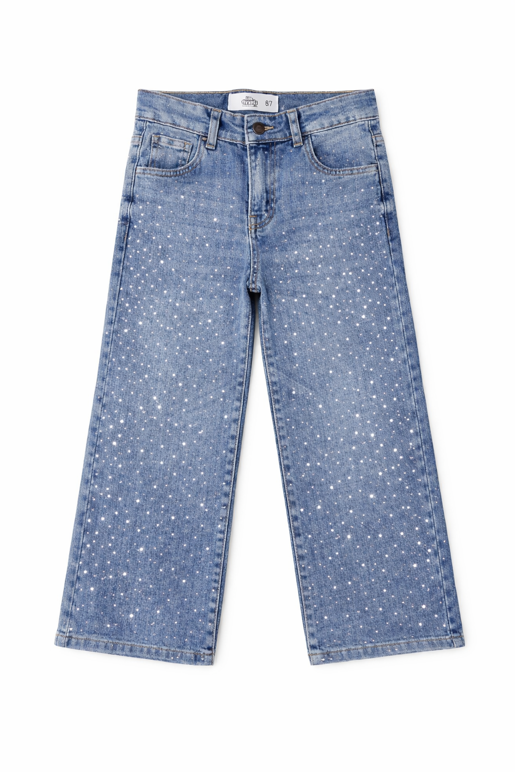 Light blue jeans with subtle pattern on a white background