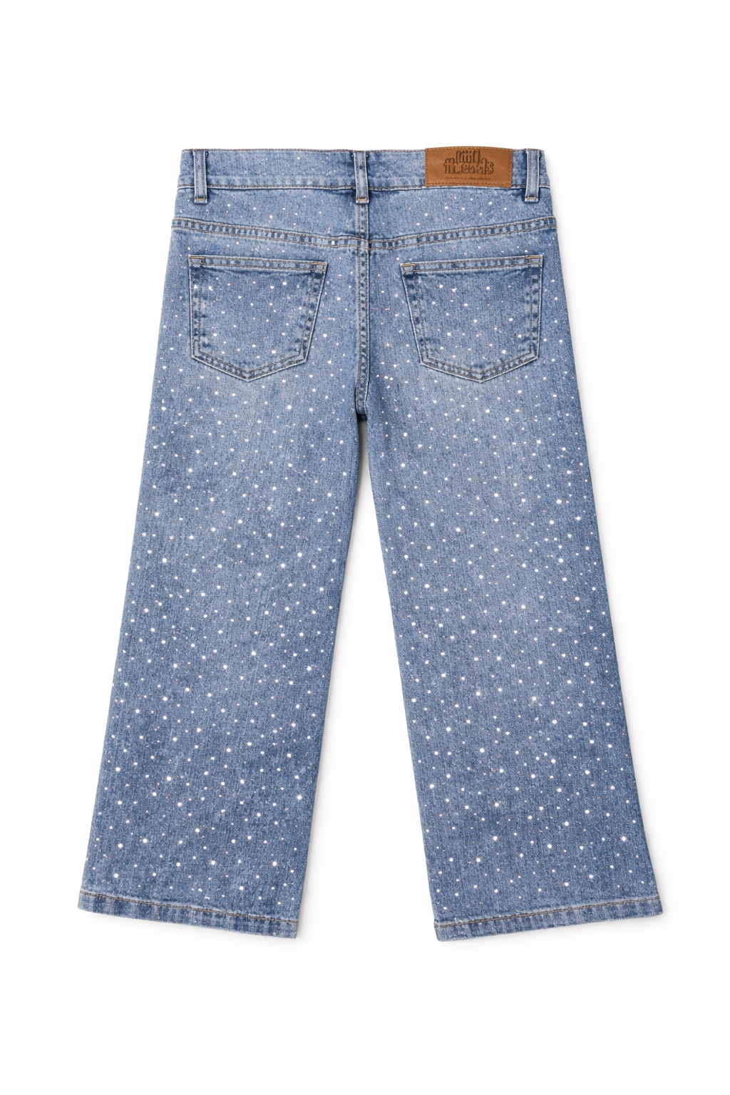 Back view of light blue jeans with star pattern on a white background