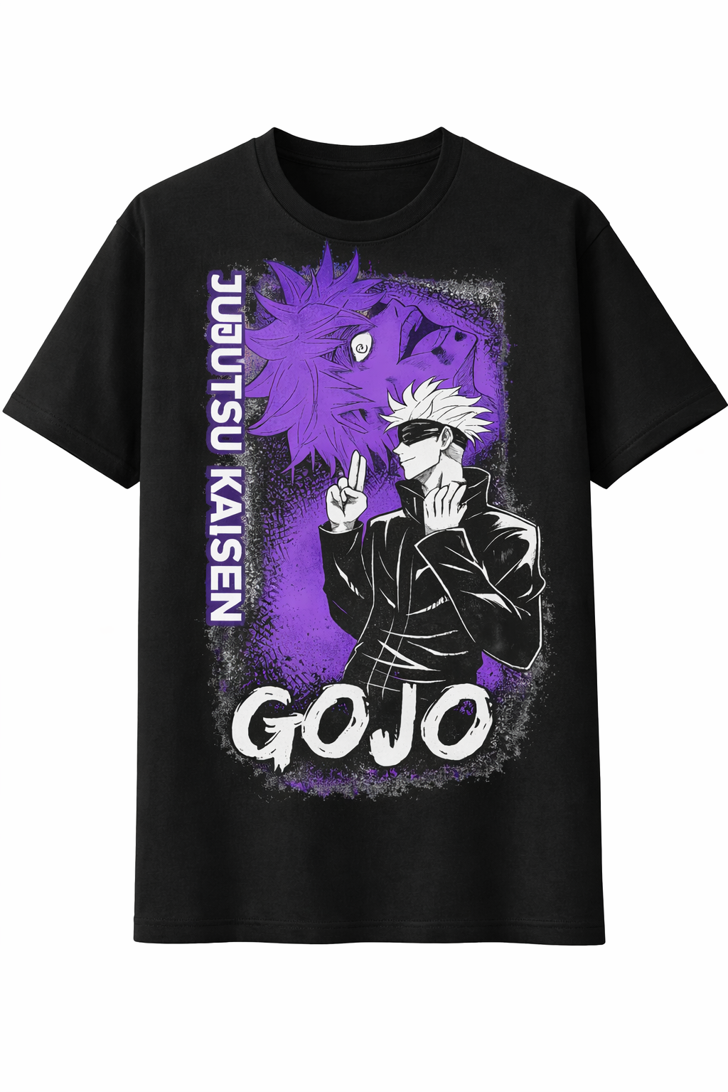 Black t-shirt with Gojo Satoru design from 'Jujutsu Kaisen' on a white background