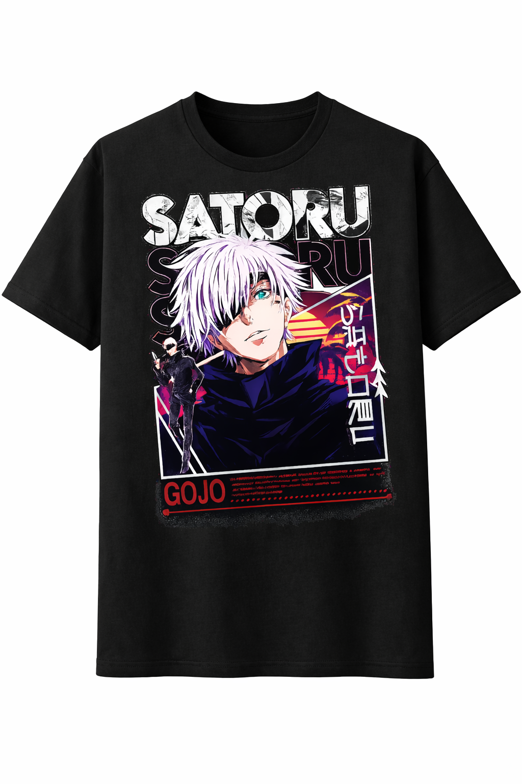 Black t-shirt with anime character design and 'Satoru Gojo' text on a white background
