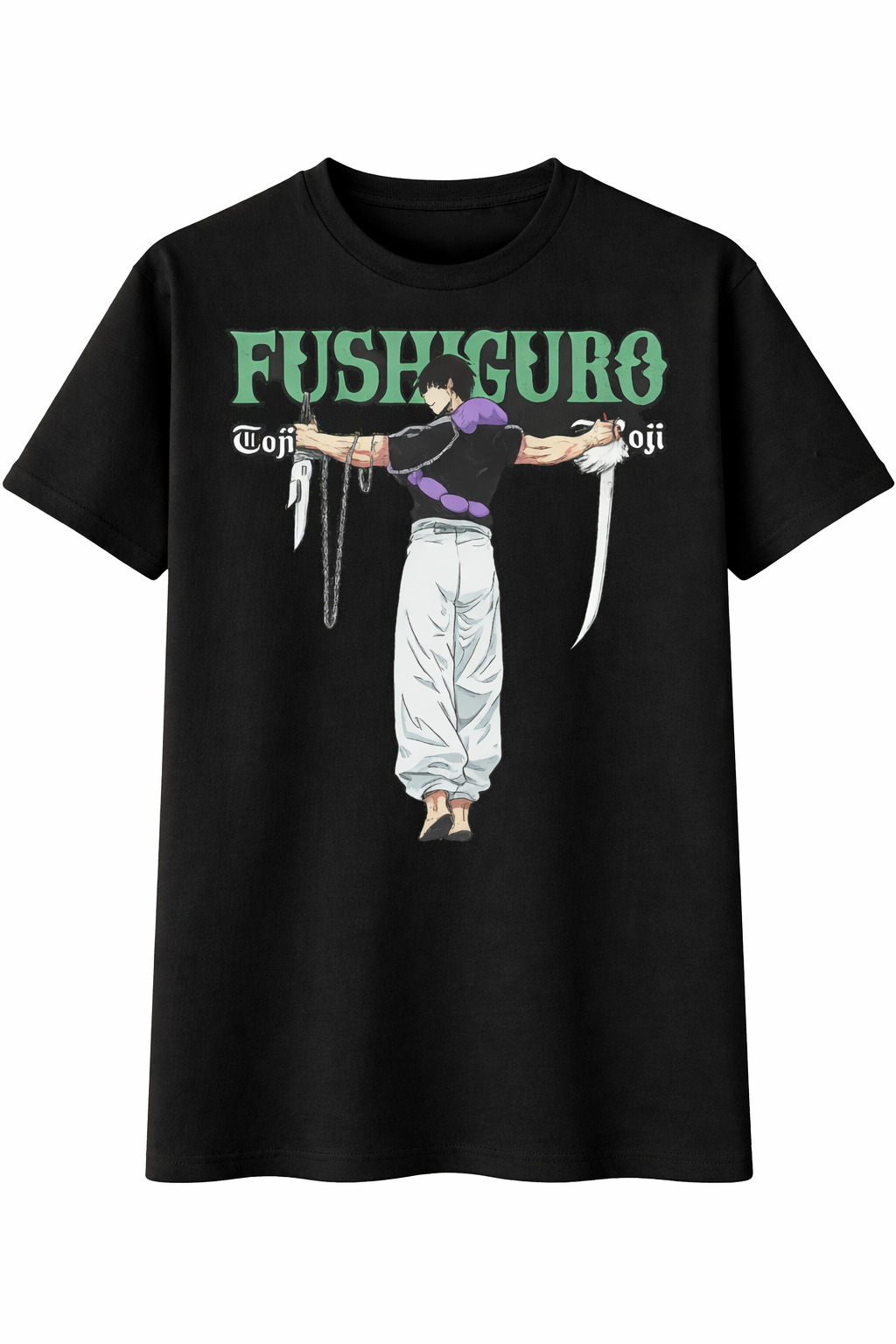 Black t-shirt with graphic design of a person holding swords and text on a white background