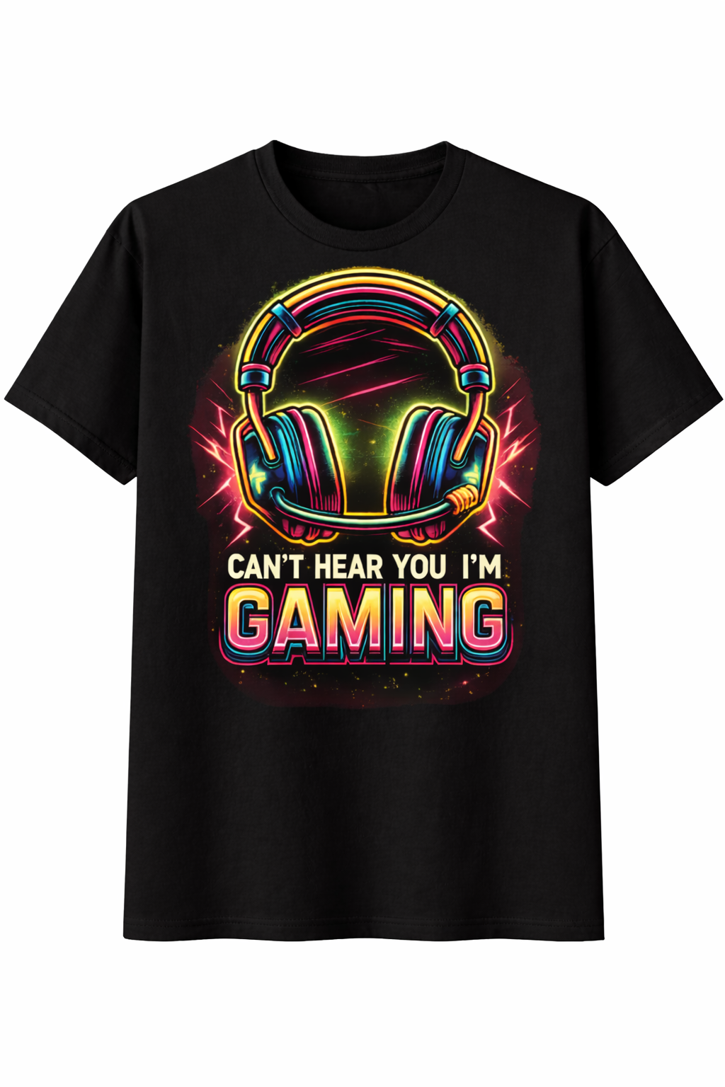 Black t-shirt with colorful gaming graphic and text on a white background