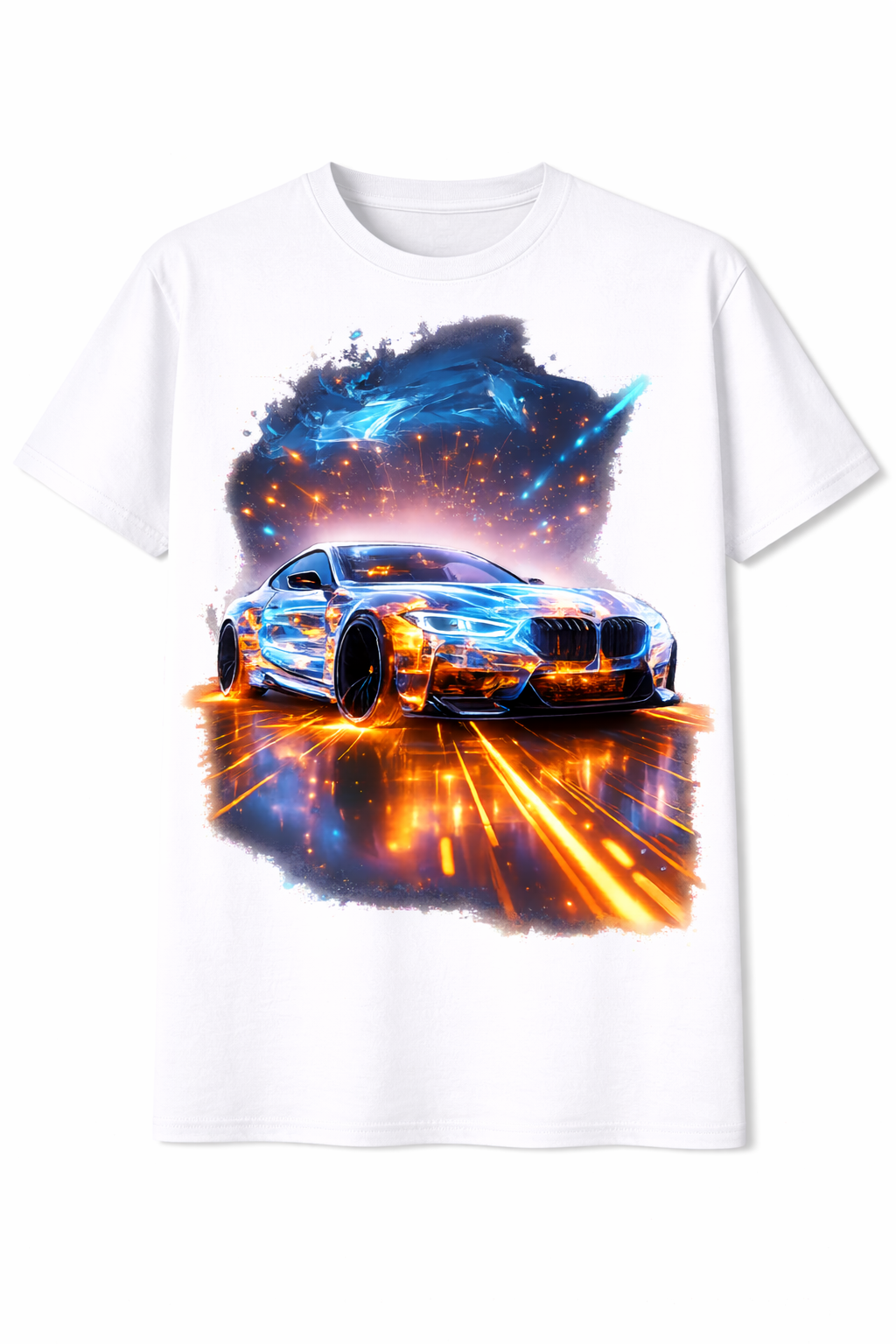 White t-shirt with a car graphic on a white background