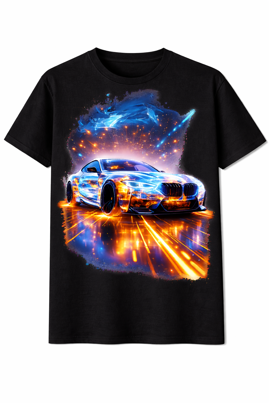 Black t-shirt with a car graphic on a white background
