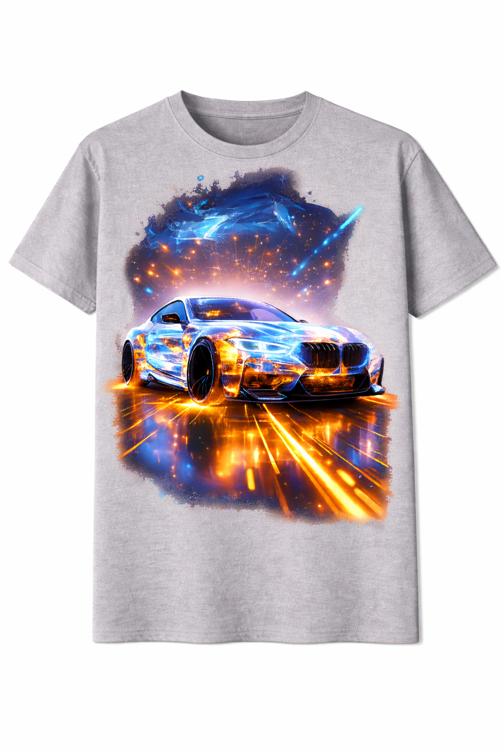 Gray t-shirt with a car graphic on a white background