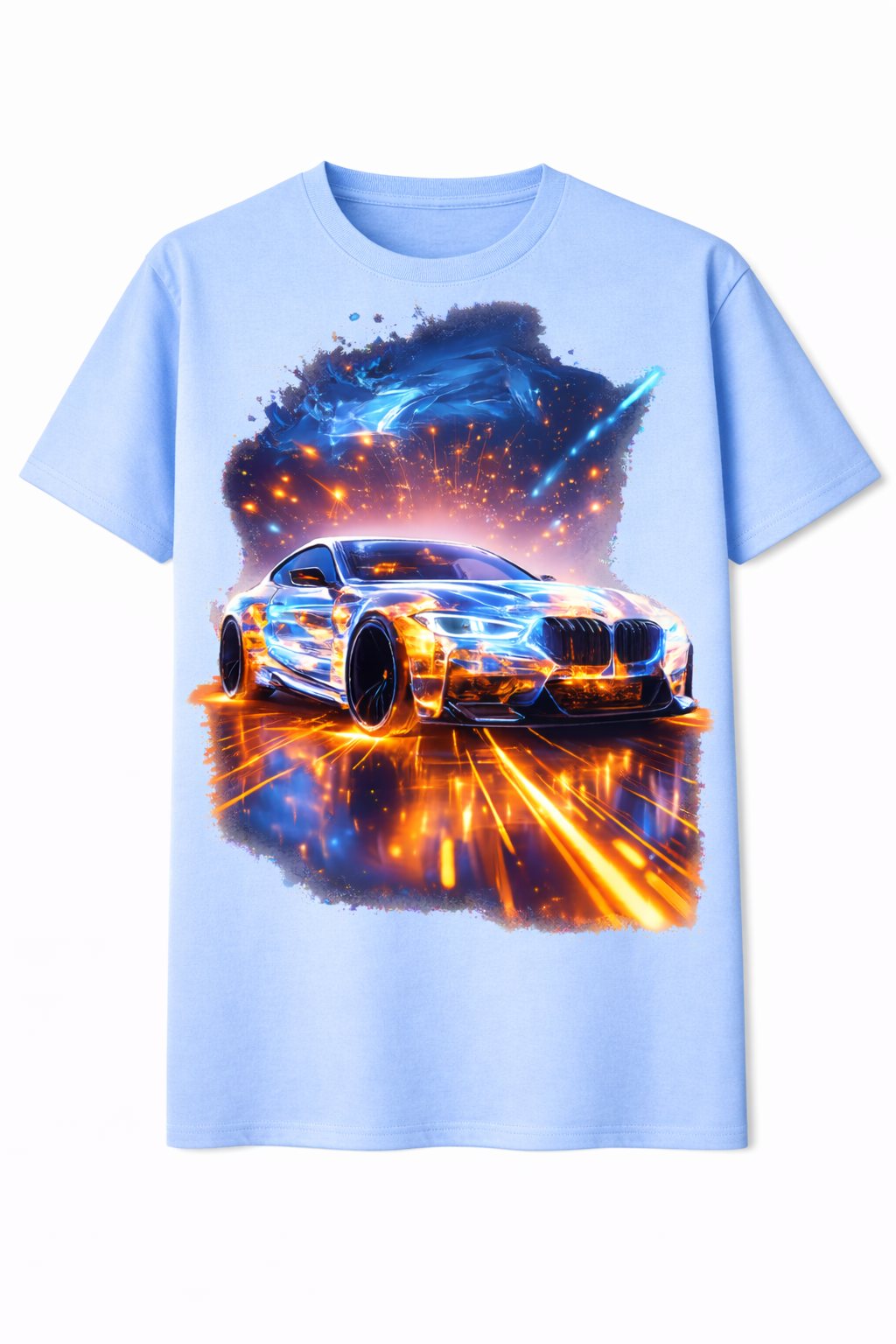 Light blue t-shirt with a car graphic on a white background