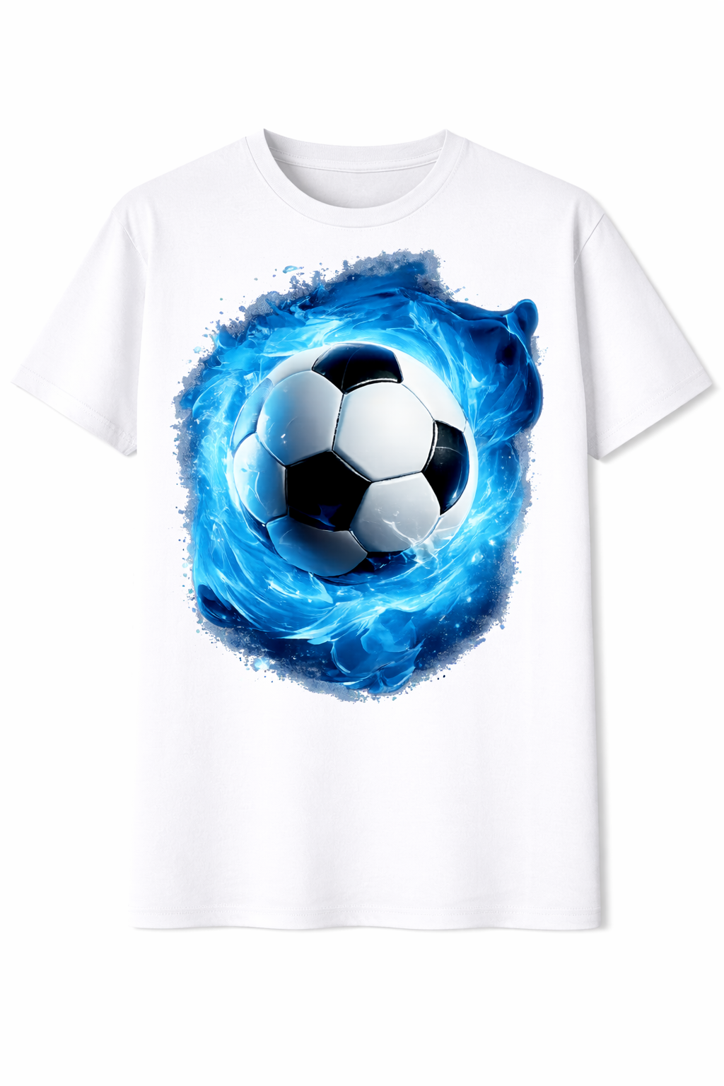 White t-shirt with a soccer ball design in blue flames on a white background