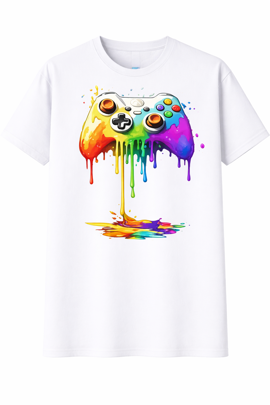 White t-shirt with a colorful gaming controller graphic on a white background
