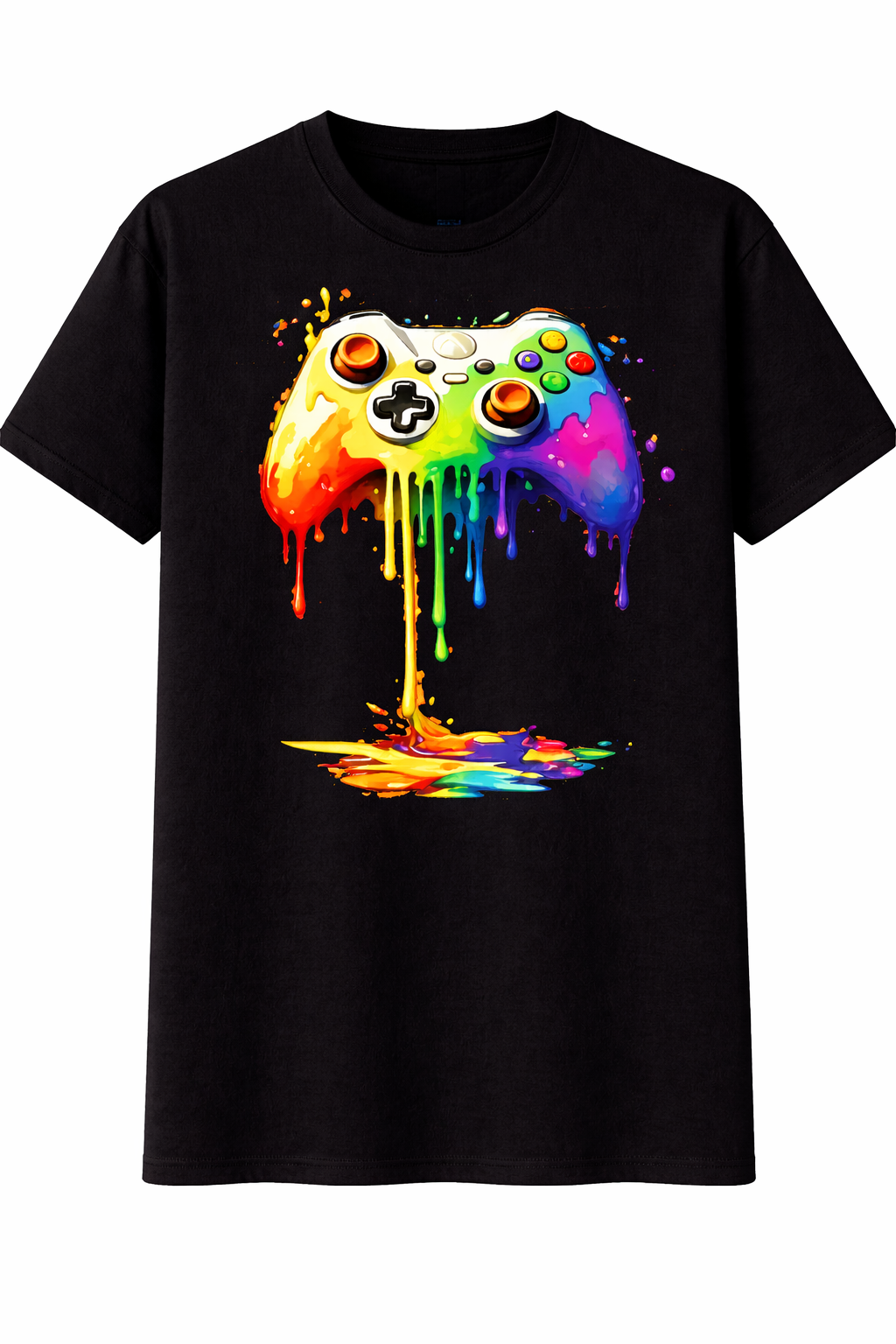 Black t-shirt with a colorful gaming controller graphic on a white background