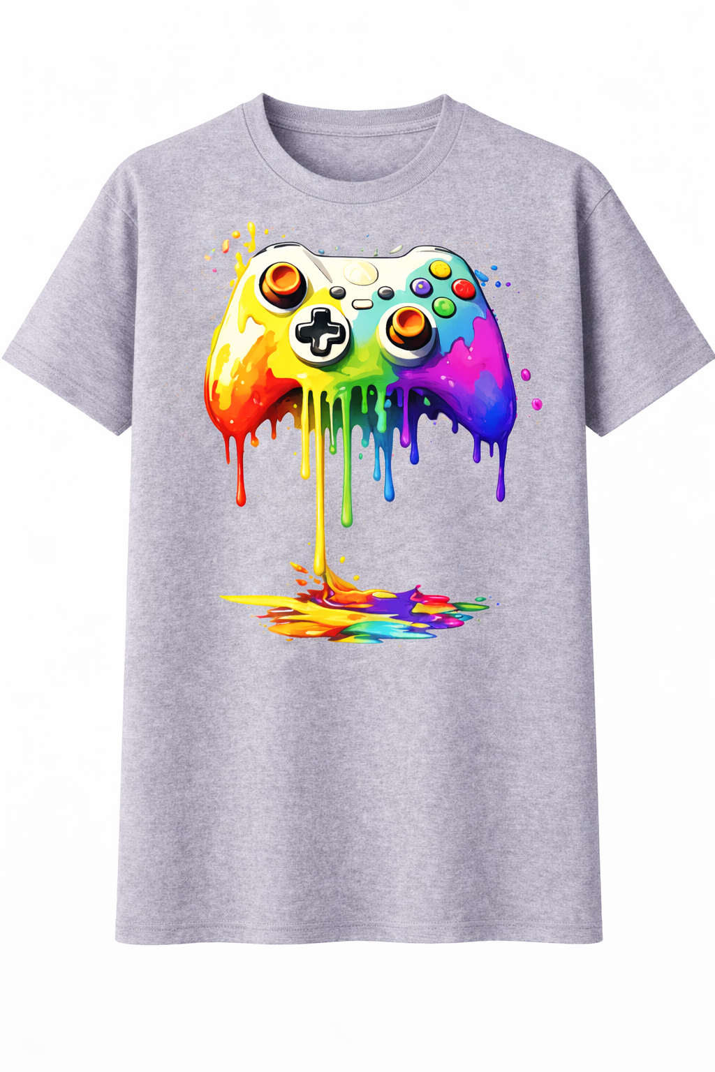 Gray t-shirt with a colorful gaming controller graphic on a white background