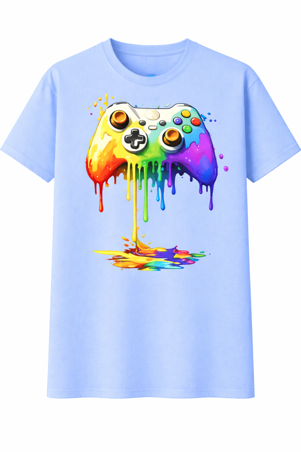Light blue t-shirt with a colorful gaming controller graphic on a white background