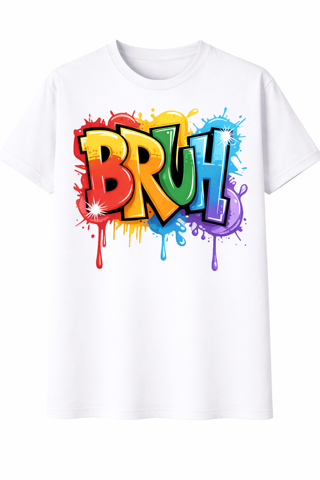 White t-shirt with colorful 'BRUH' graphic on a white background