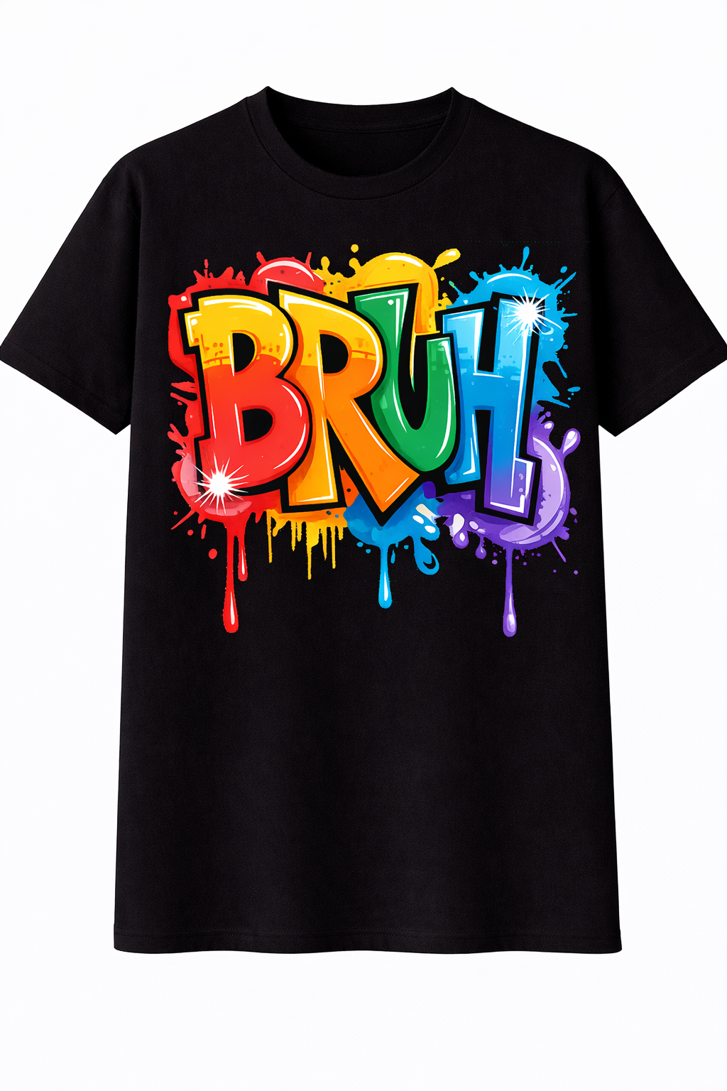 Black t-shirt with colorful 'BRUH' graphic design on a white background