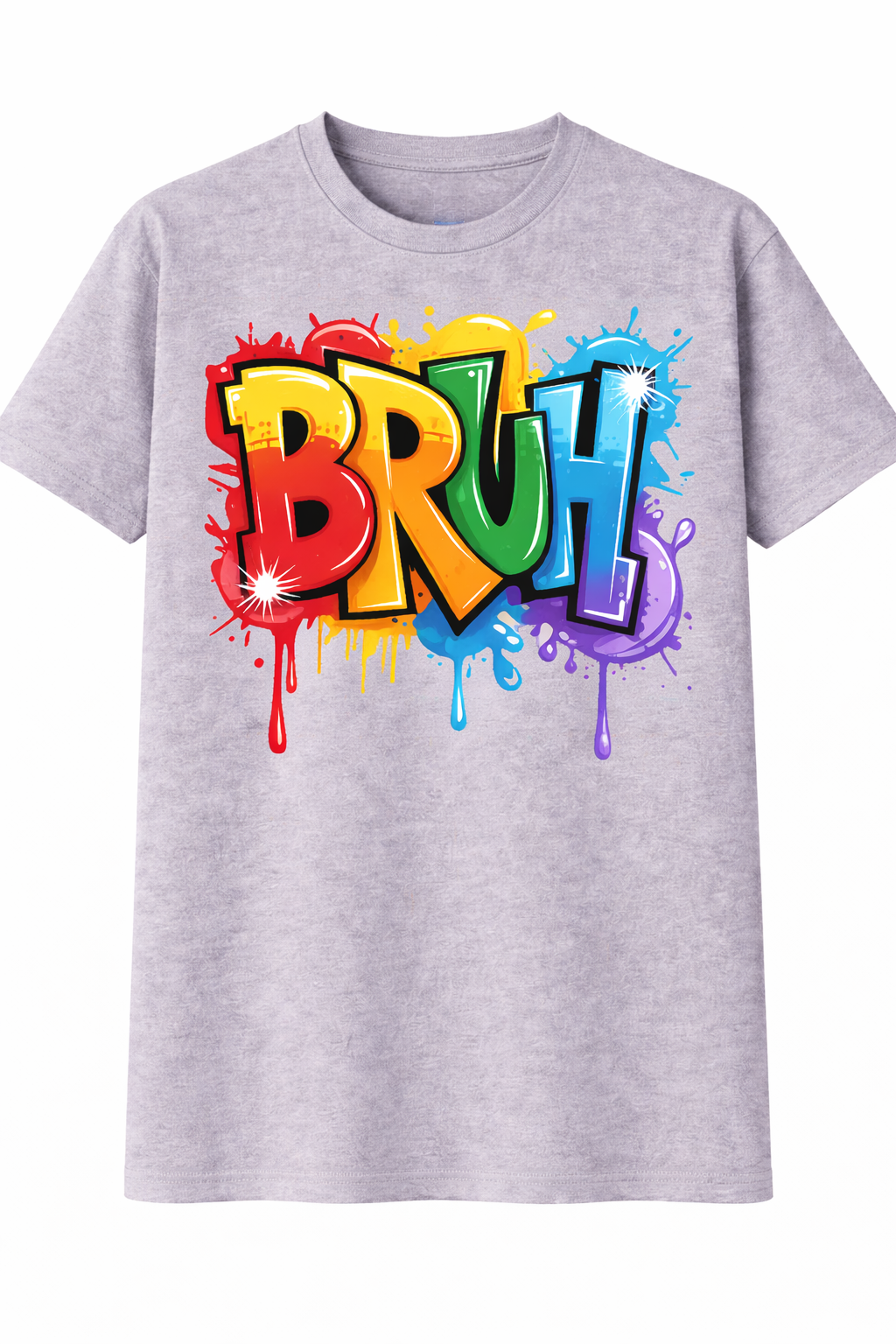 Gray t-shirt with colorful 'BRUH!' graphic on a white background