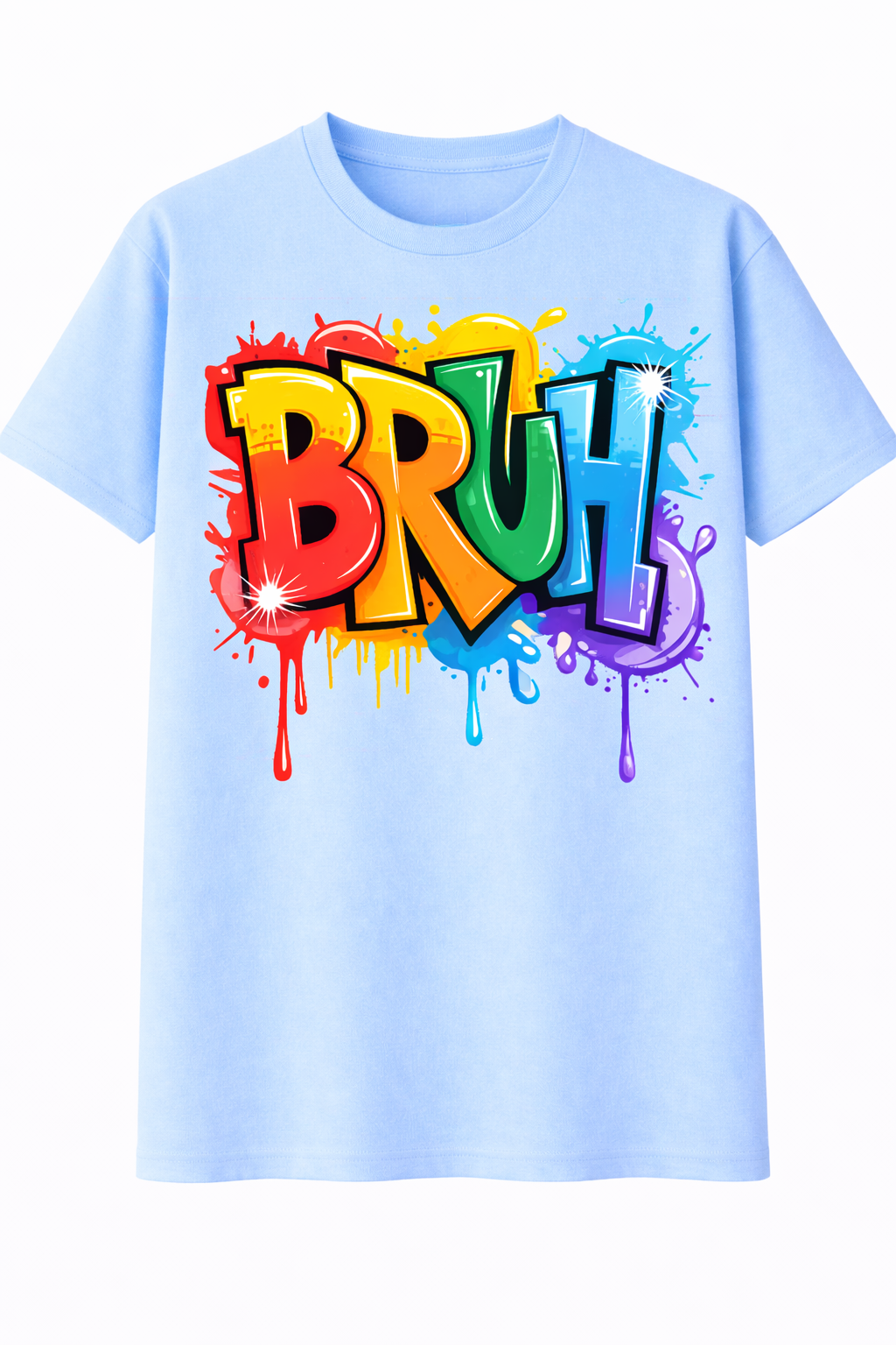 Light blue t-shirt with colorful 'BRUH' graphic design on a white background