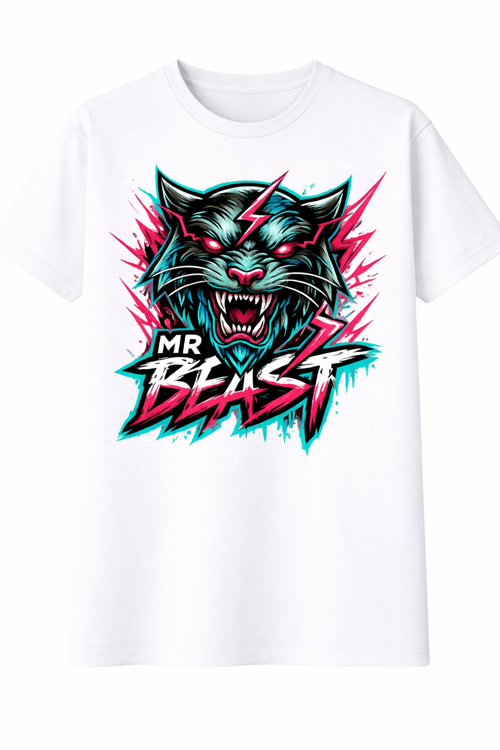 White t-shirt with a colorful graphic of a beast and 'MR BEAST' text on a white background