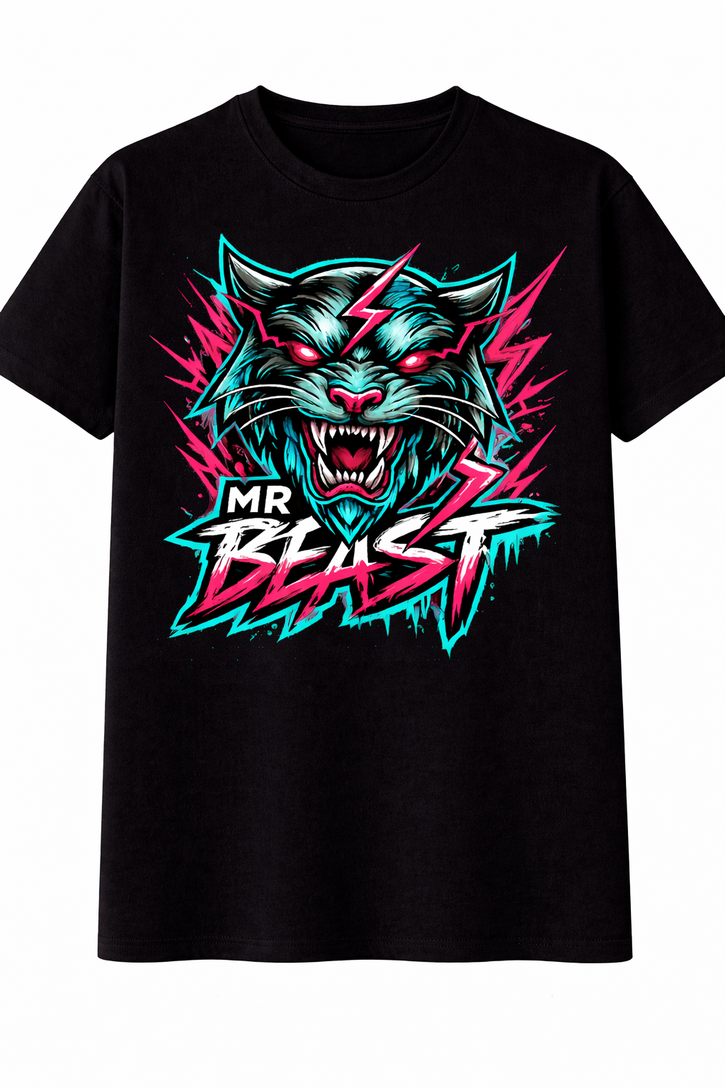 Black t-shirt with a colorful graphic of a beast and 'MR BEAST' text on a white background