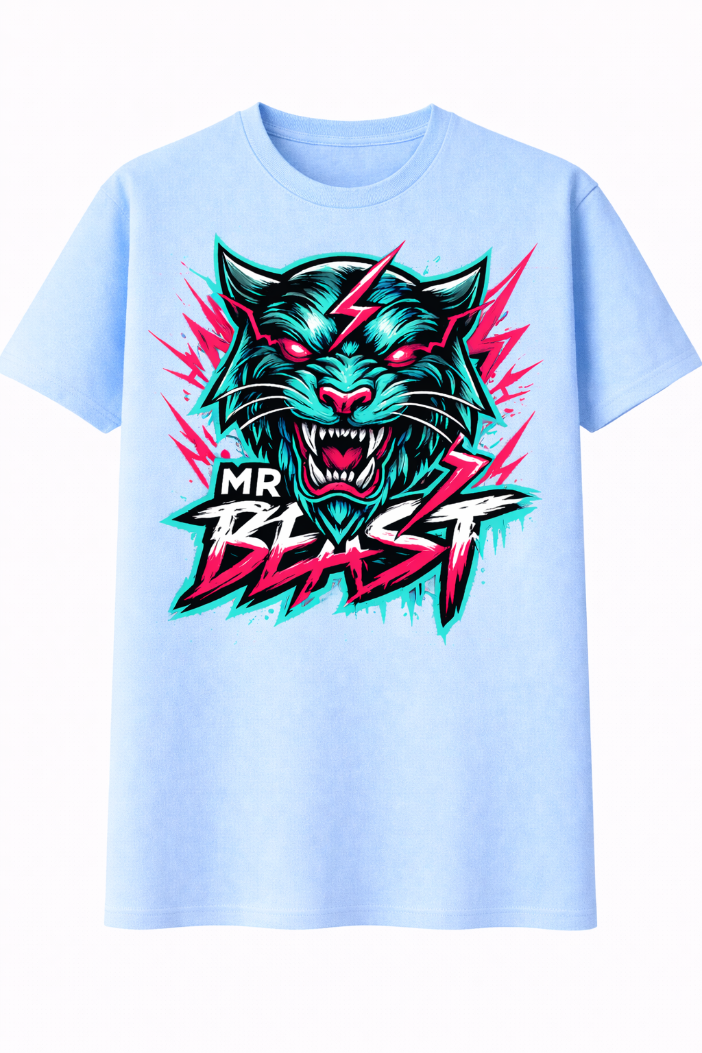 Light blue t-shirt with a colorful graphic of a roaring cat and 'MR BLAST' text on a white background