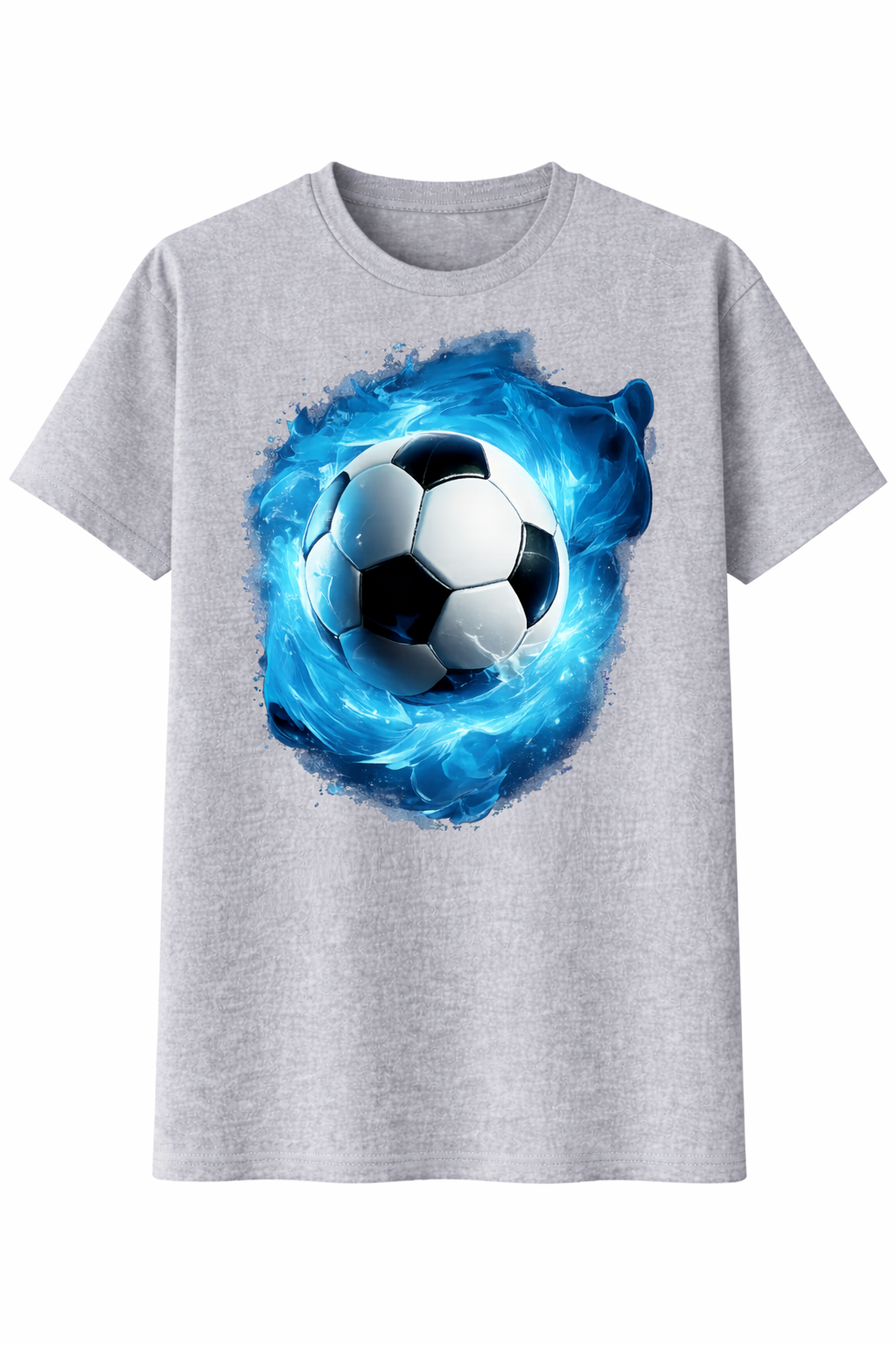 Gray t-shirt with a blue energy effect around a soccer ball design on a white background