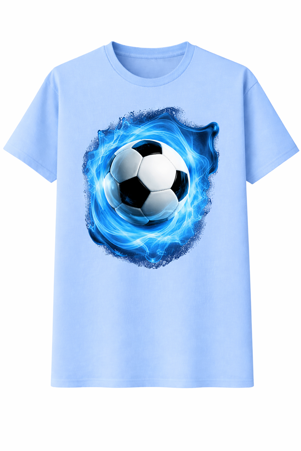 Light blue t-shirt with a soccer ball design on a white background