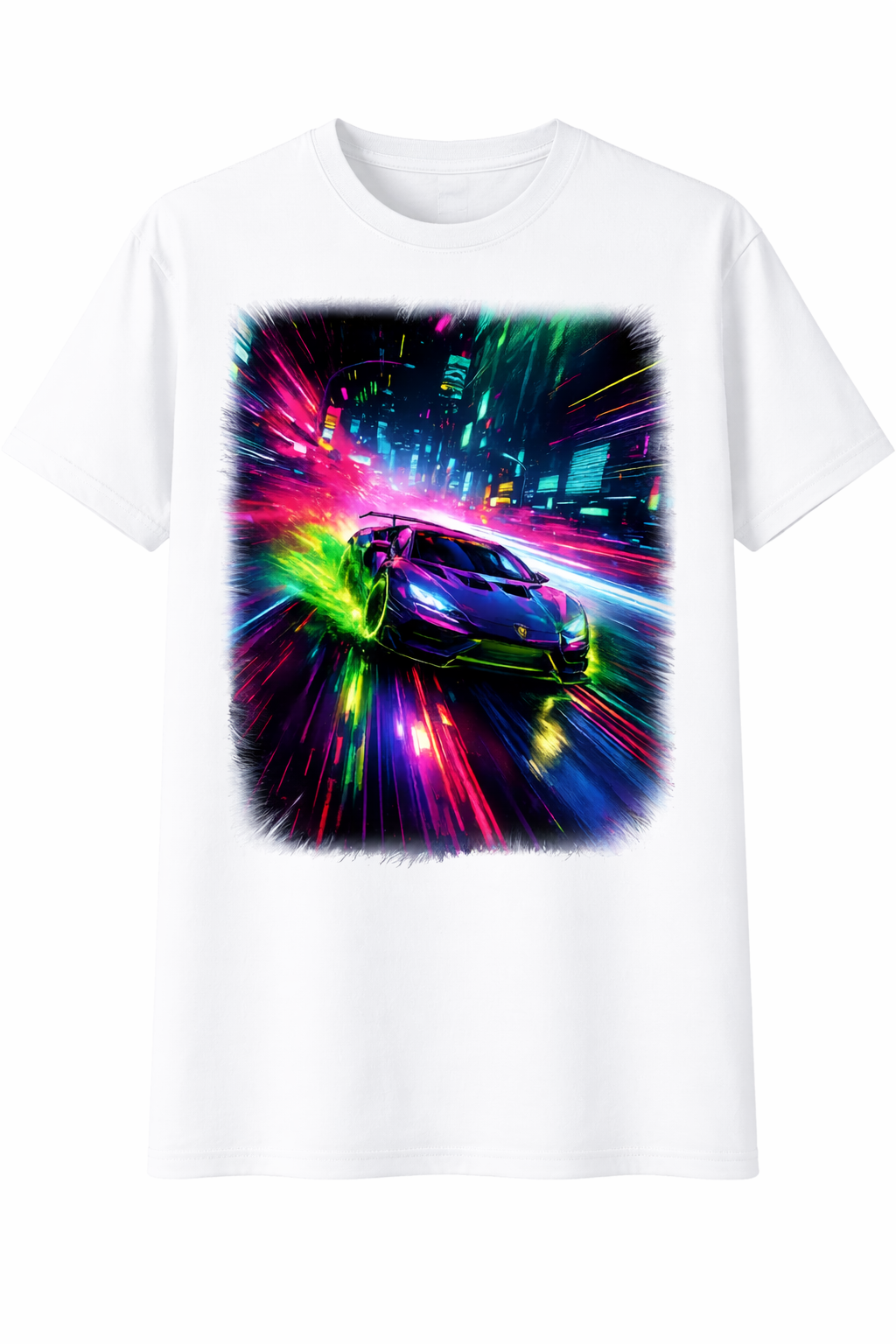 White t-shirt with a colorful car graphic on a white background