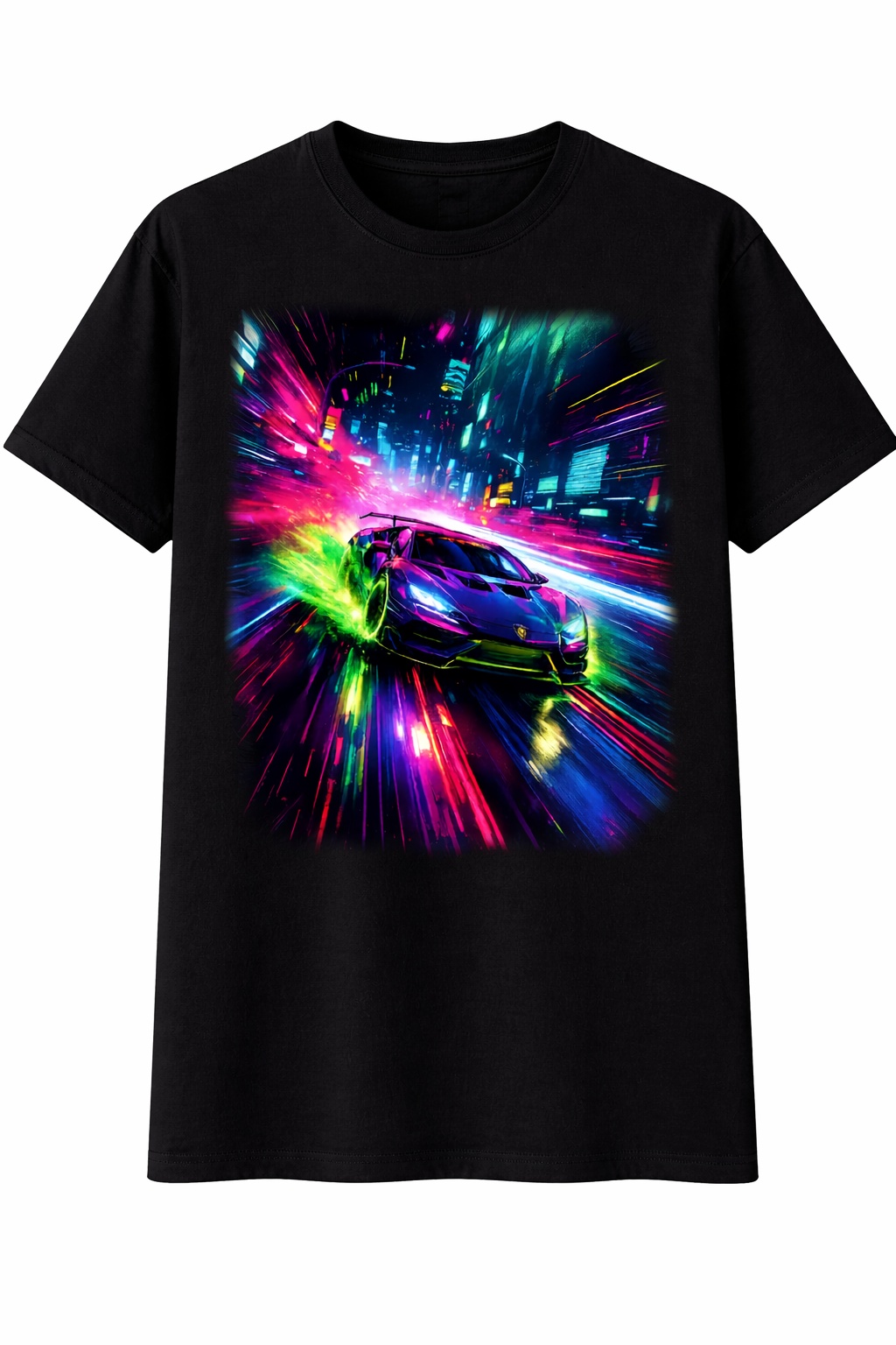 Black t-shirt with a colorful car graphic on a white background