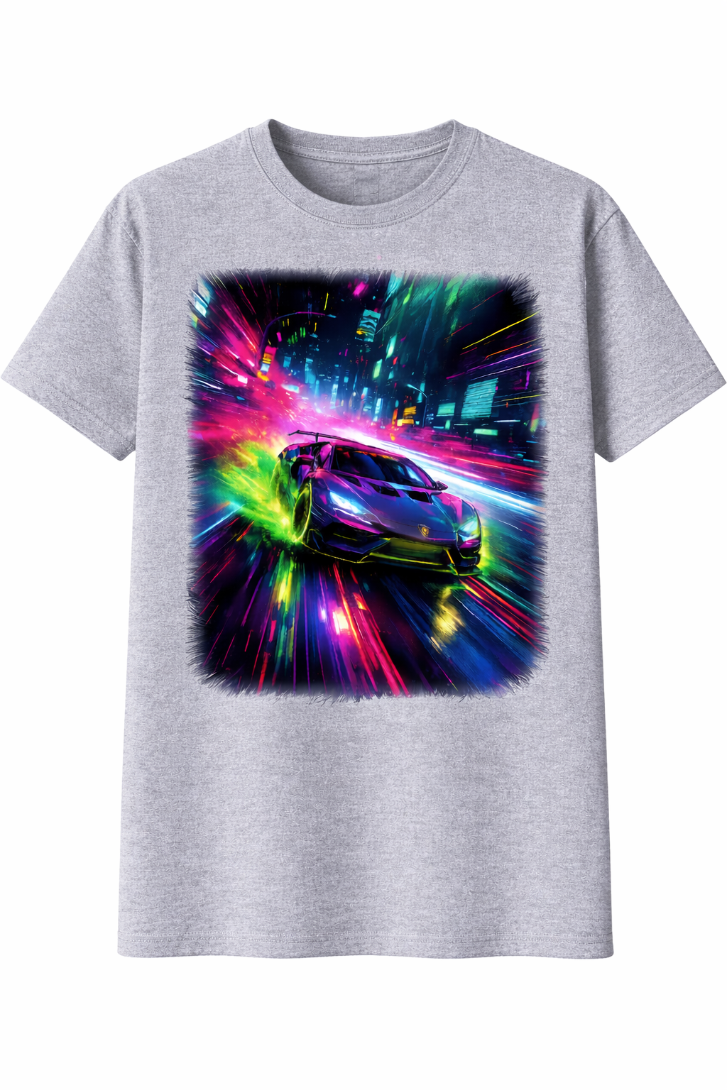 Gray t-shirt with a colorful car graphic on a white background