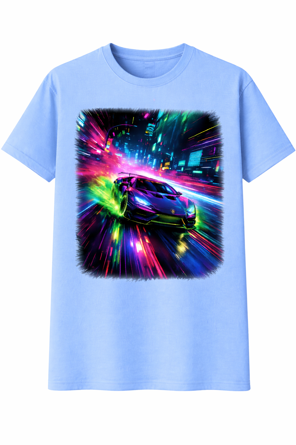 Light blue t-shirt with a colorful car graphic on a white background