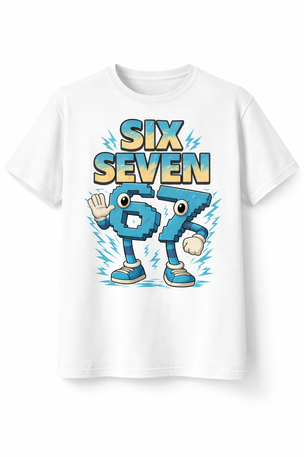 White t-shirt with a cartoon character and 'Six Seven 67' text on a white background