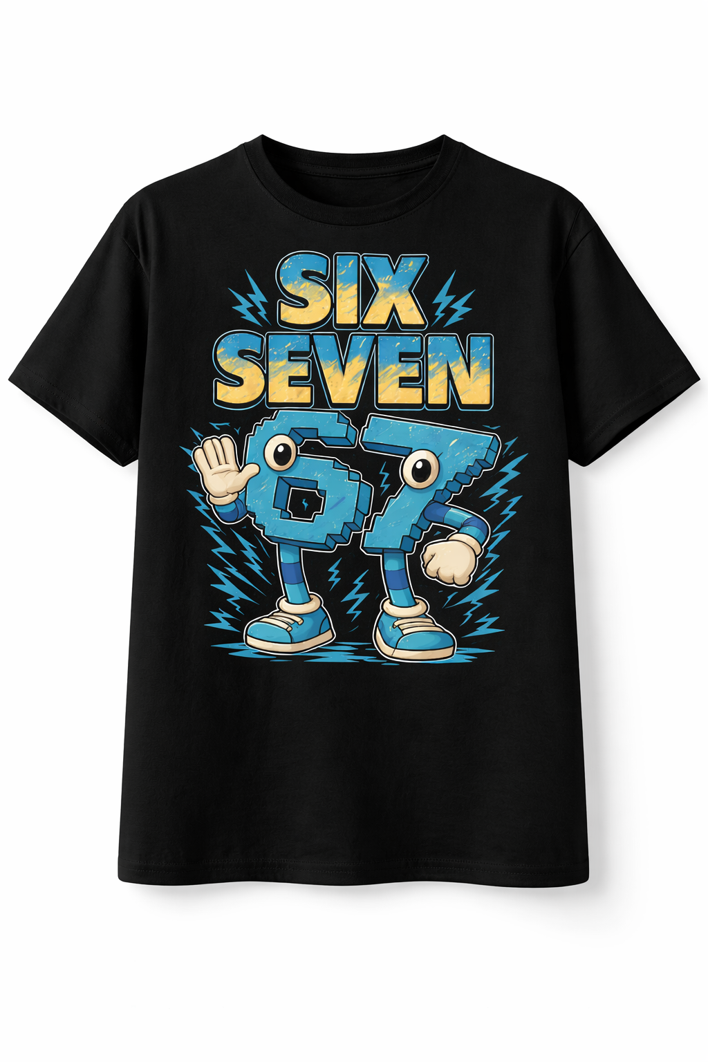 Black t-shirt with a cartoon robot design and 'SIX SEVEN 67' text on a white background