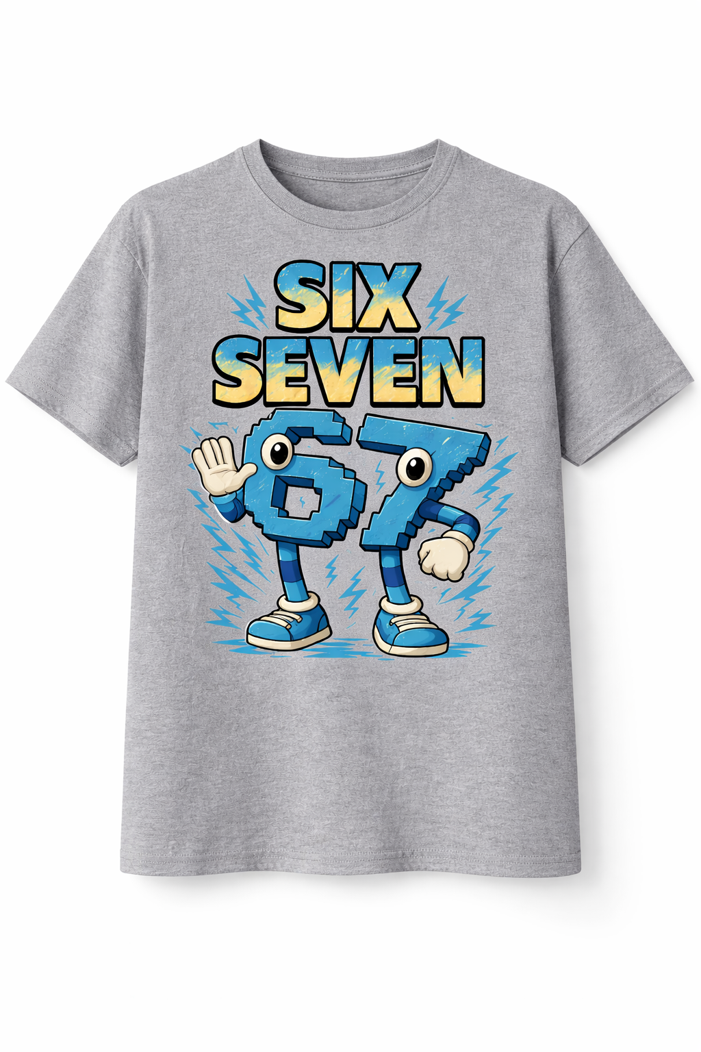 Gray t-shirt with 'Six Seven 67%' graphic design on a white background
