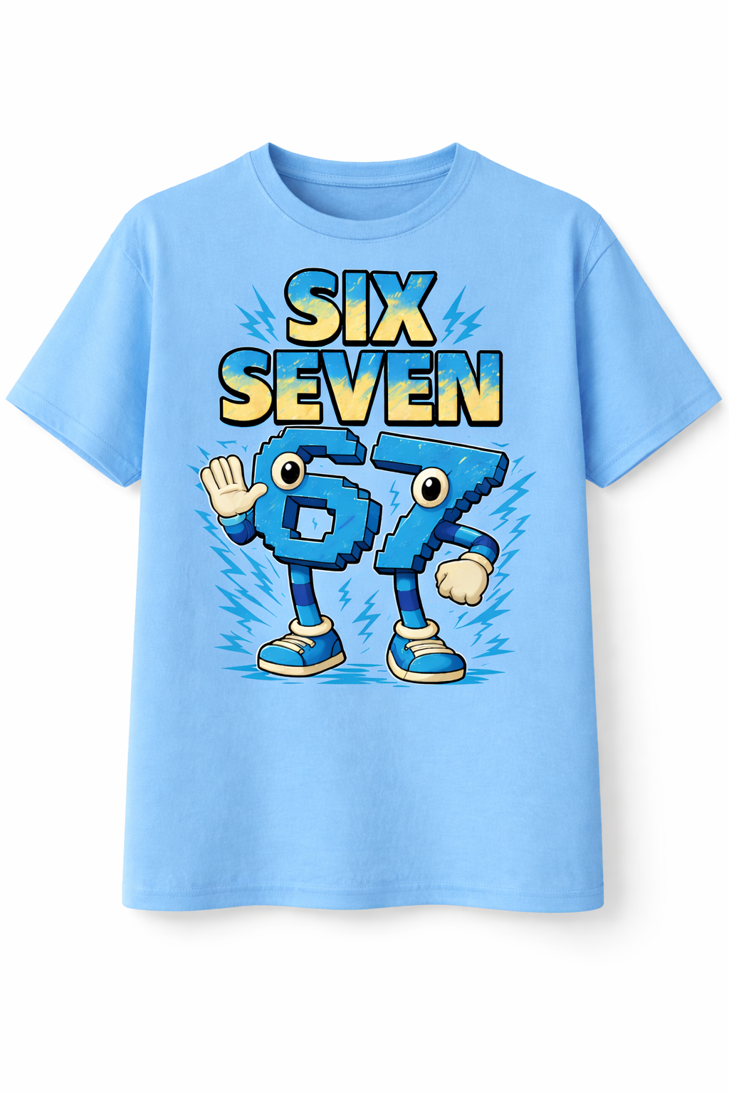 Light blue t-shirt with cartoon numbers '6' and '7' on a white background