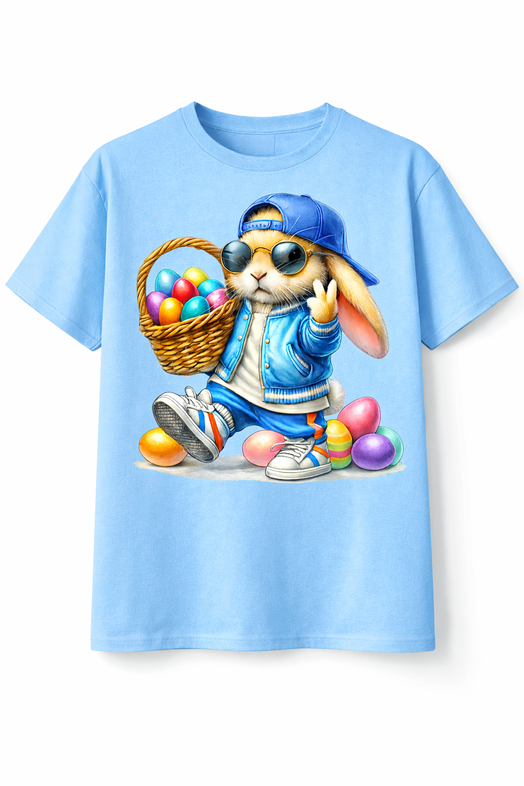 Light blue t-shirt with a cartoon bunny holding Easter eggs and a basket on a white background