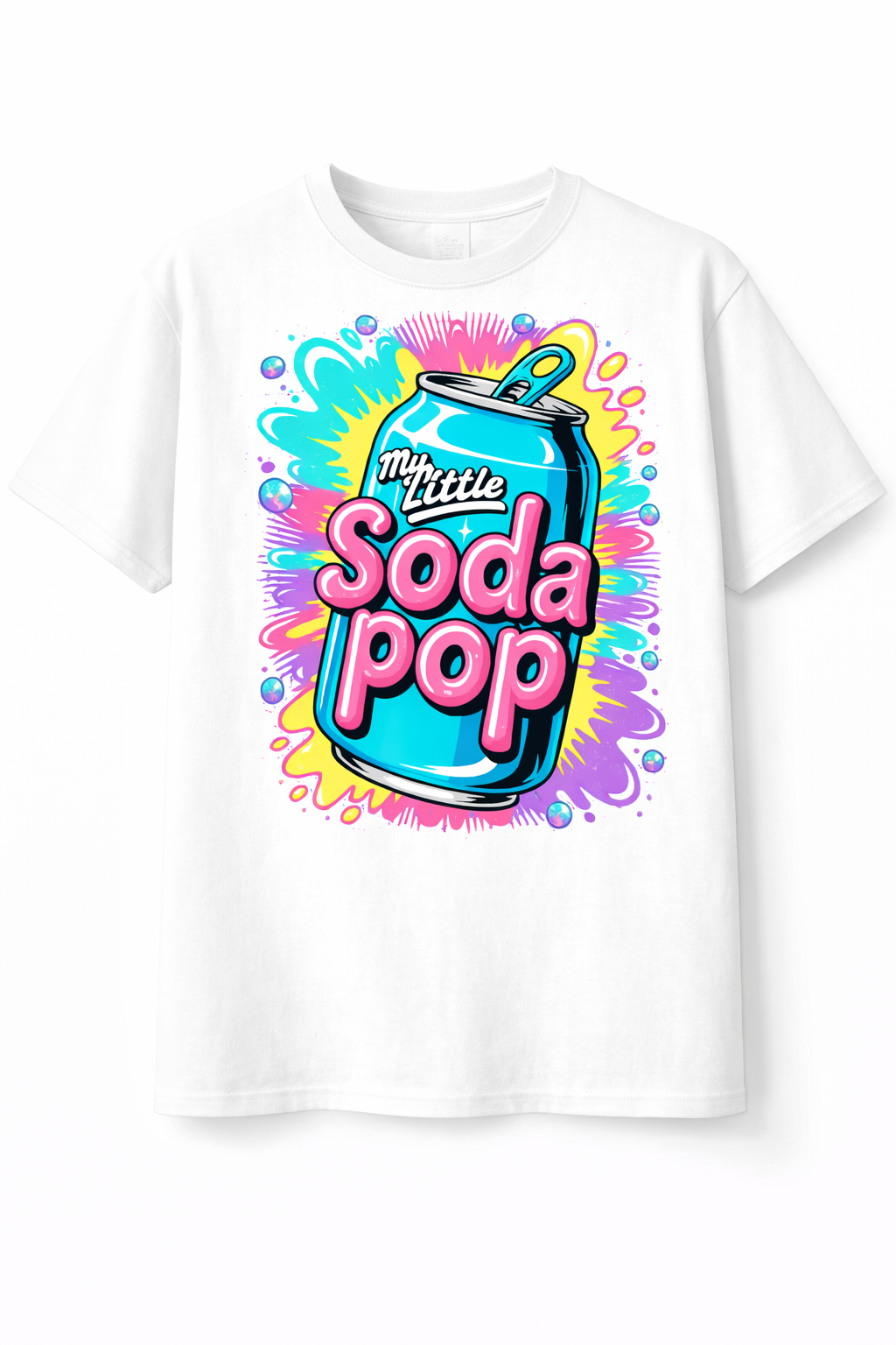 White t-shirt with colorful 'My Little Soda Pop' graphic design on a white background