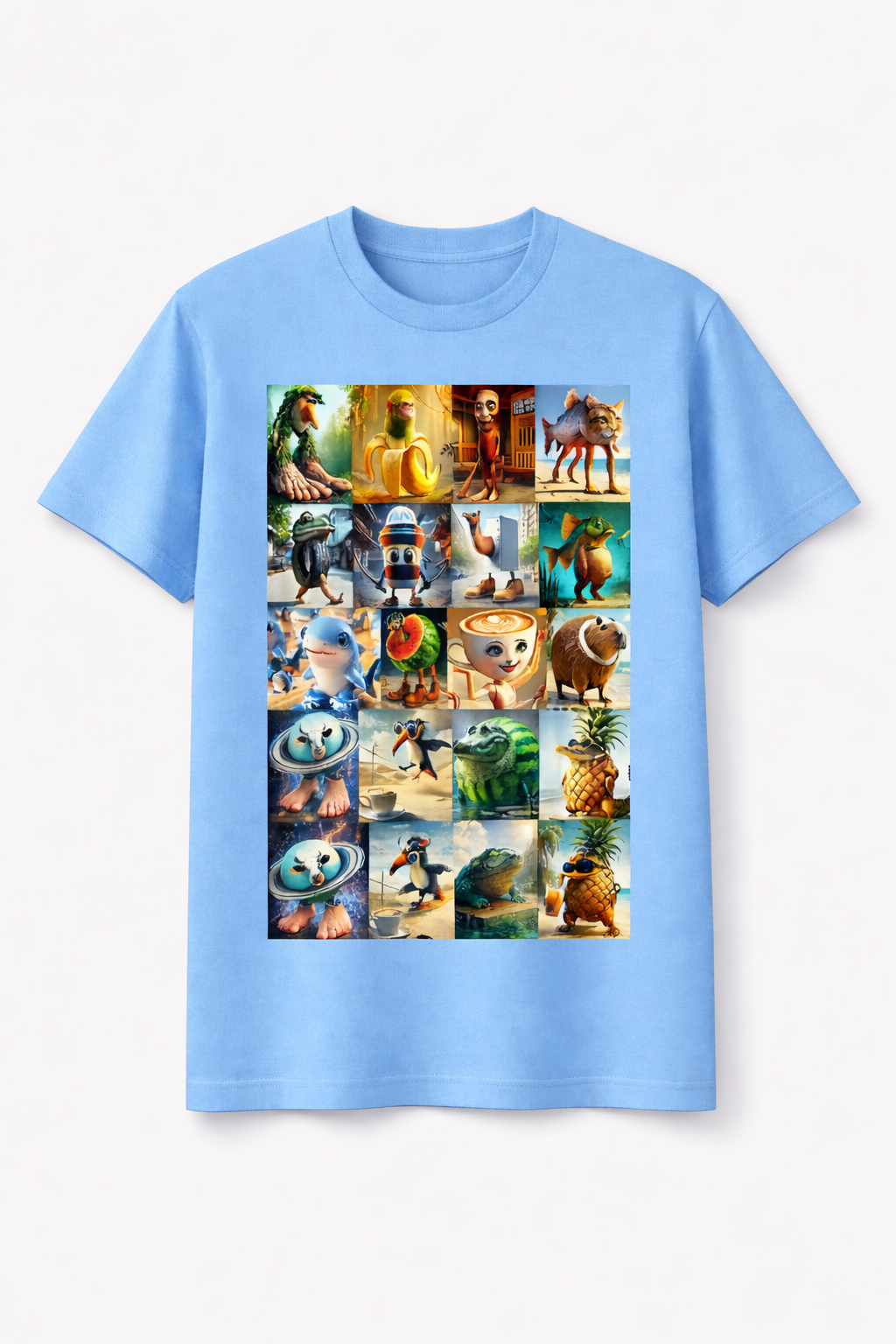 Light blue t-shirt with a colorful graphic of various cartoon characters on a white background