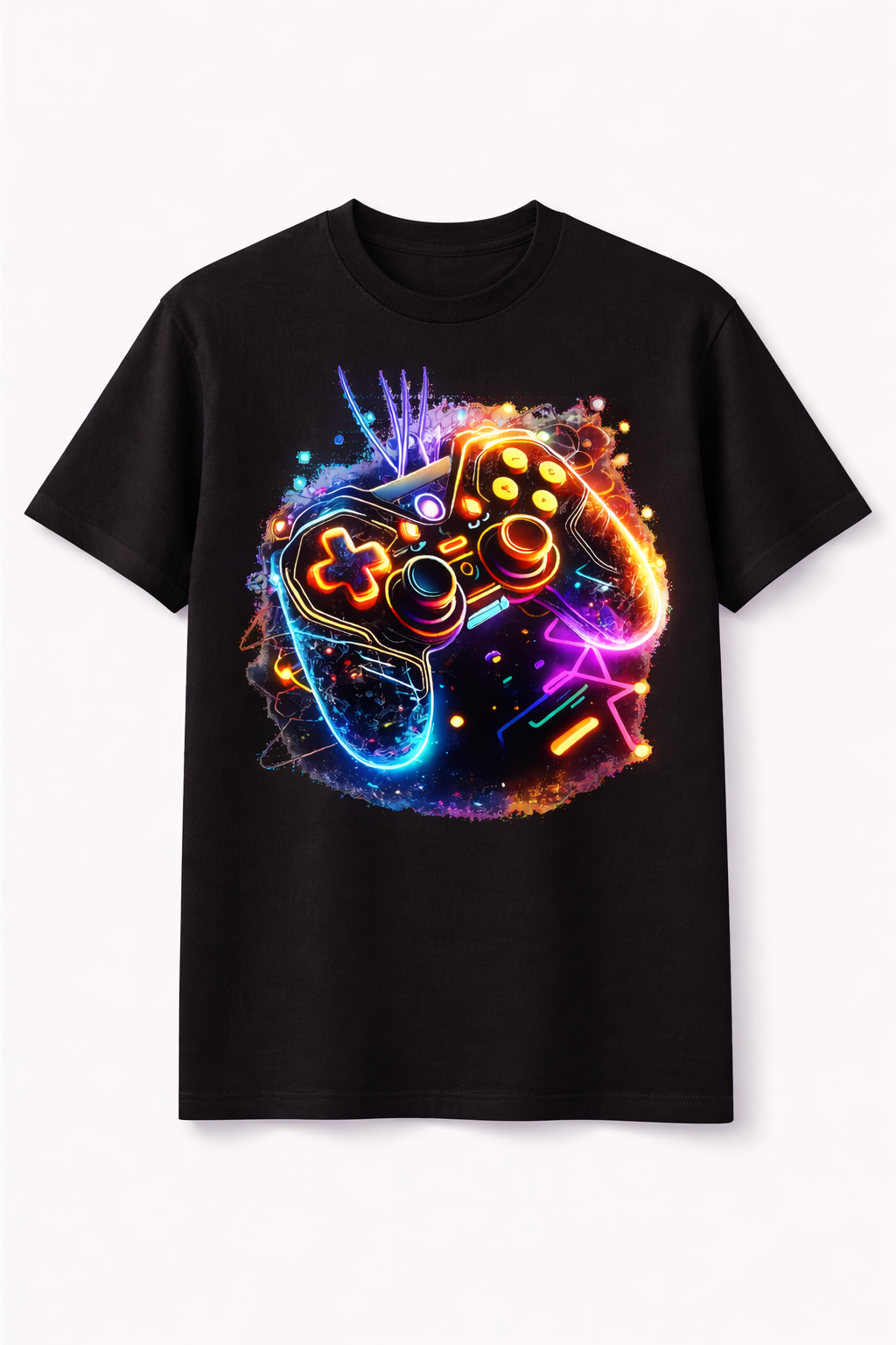 Black t-shirt with a colorful gaming controller graphic on a white background