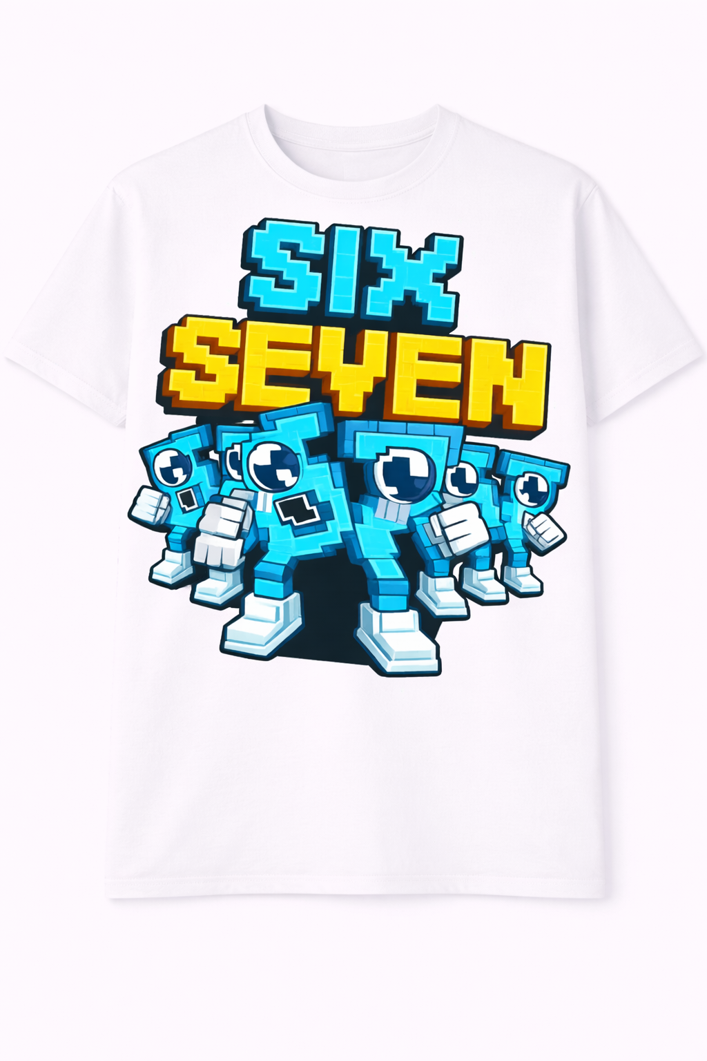 White t-shirt with pixelated robot design and 'SIX SEVEN' text on a white background