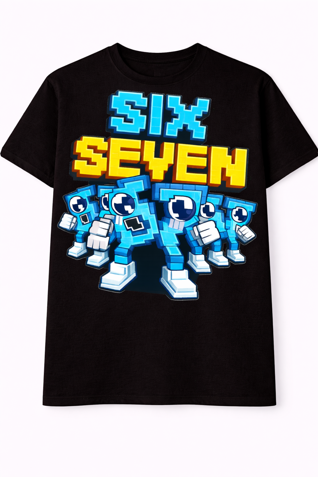 Black t-shirt with pixelated robot design and 'Six Seven' text on a white background