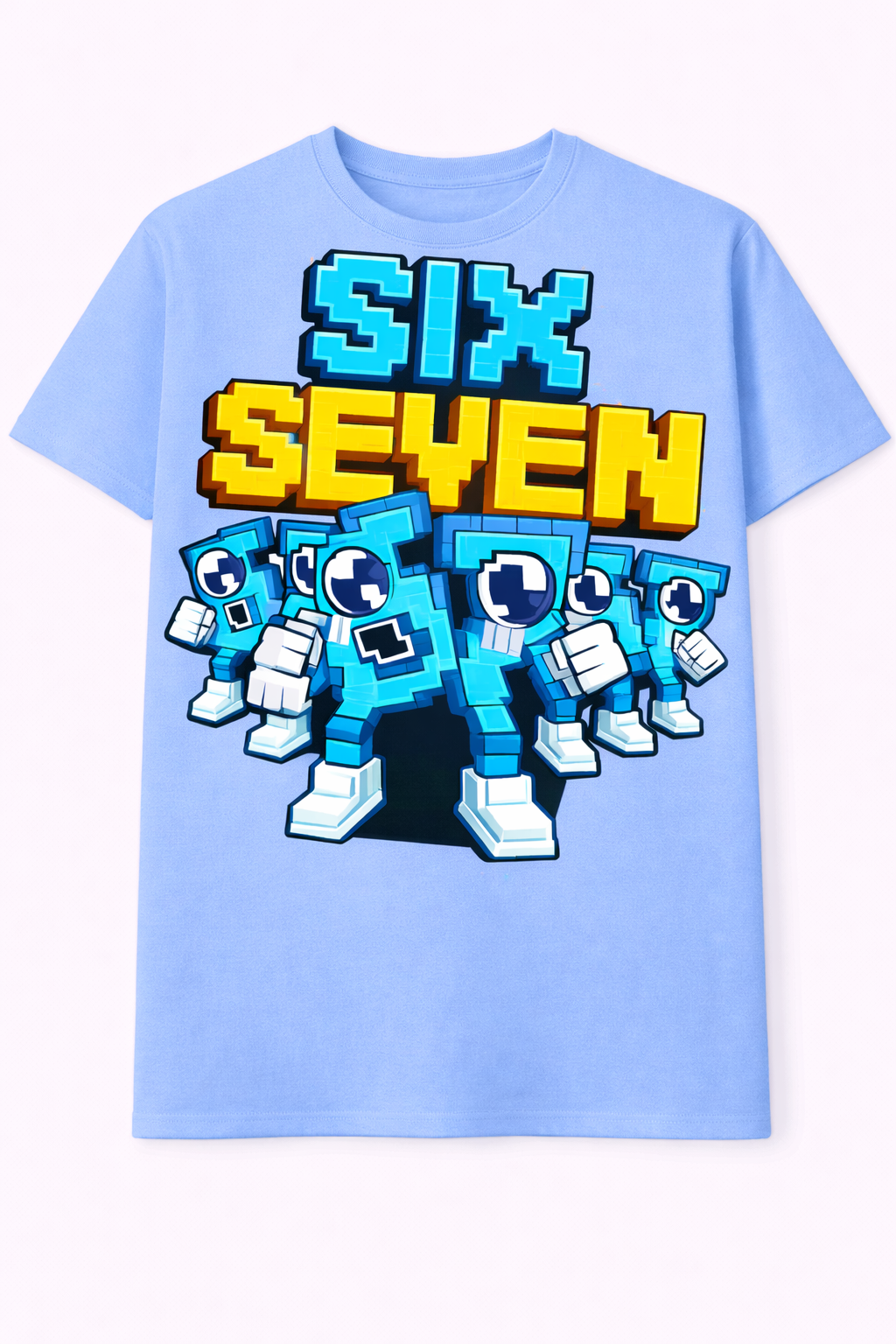 Light blue t-shirt with pixelated characters and 'Six Seven' text on a white background