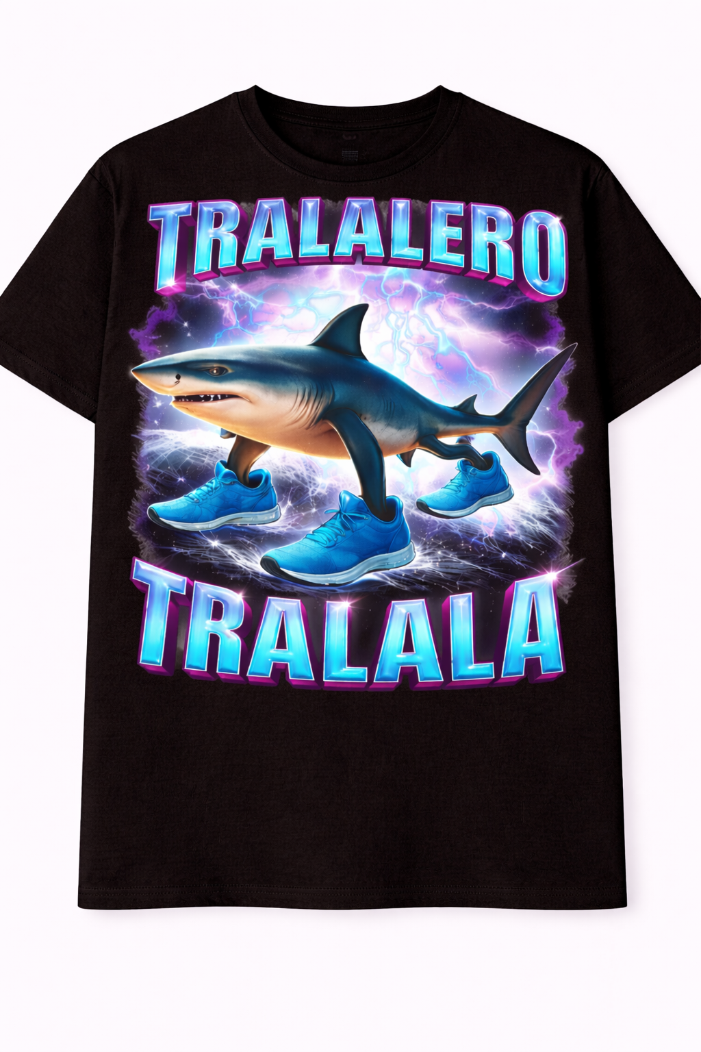 Black t-shirt with a shark graphic and 'TRALALERO TRALALA' text on a white background
