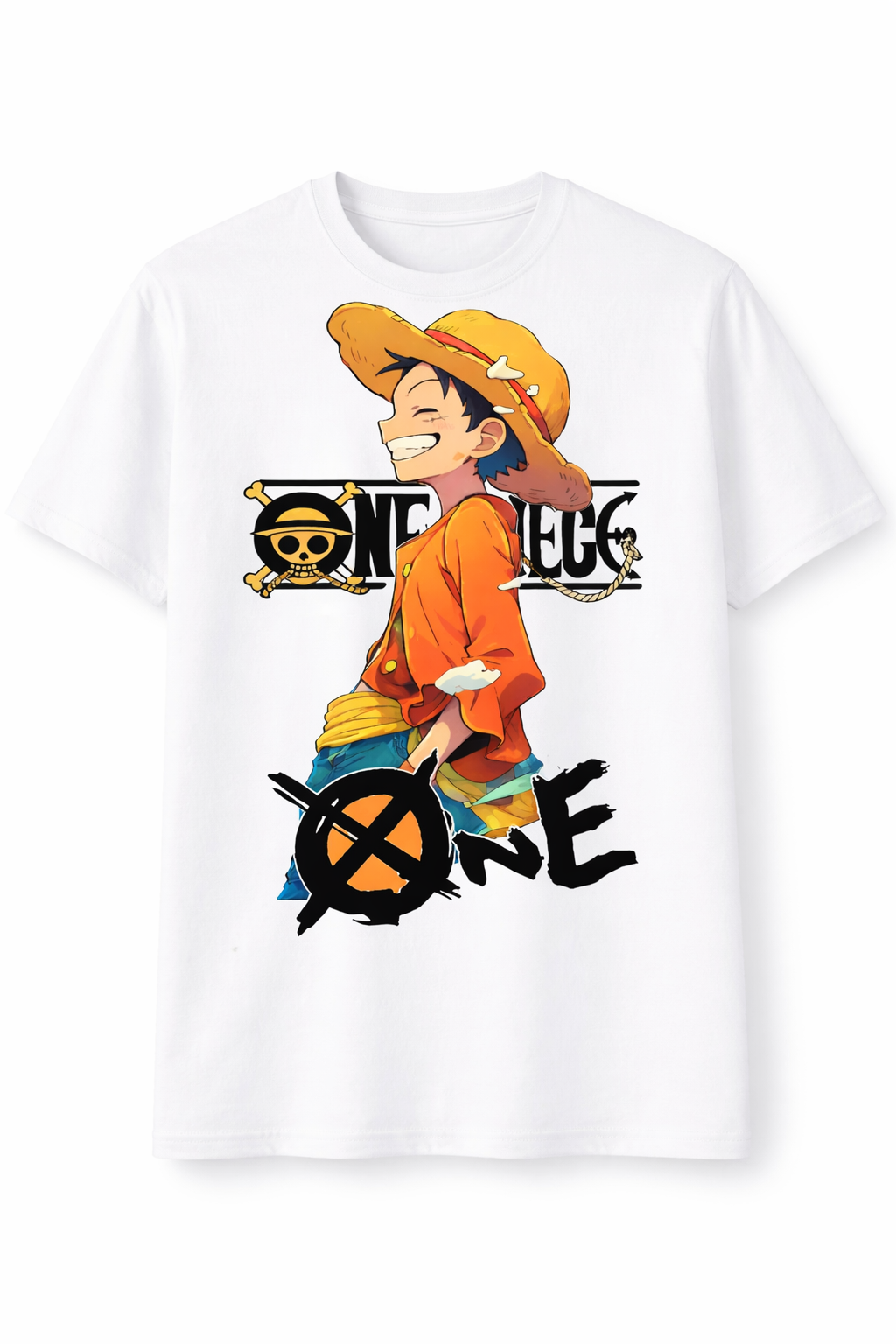 White t-shirt with a character graphic and 'One' text on a white background