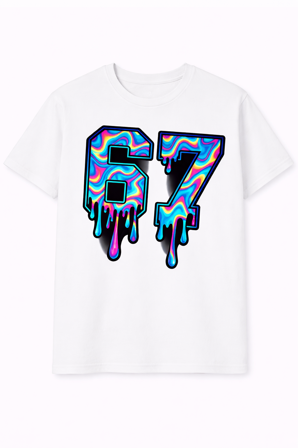 White t-shirt with colorful number 67 design on a white background