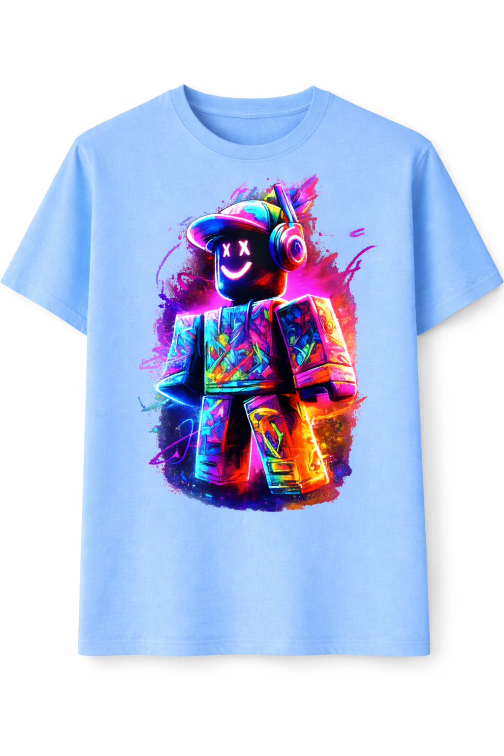 Light blue t-shirt with a colorful robot graphic on a white background