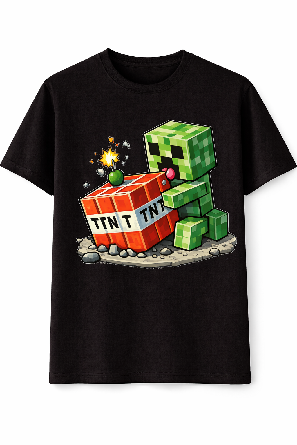 Black t-shirt with a cartoon character holding TNT blocks on a white background