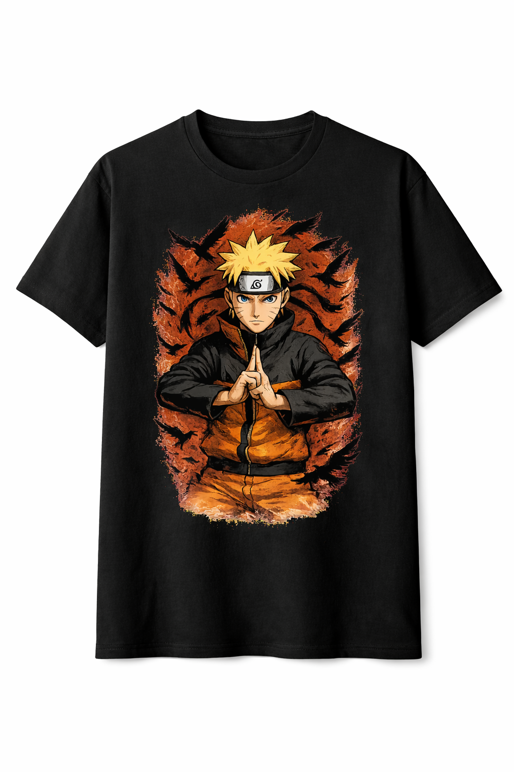 Black t-shirt with a graphic of a character in an orange outfit and black jacket on a white background