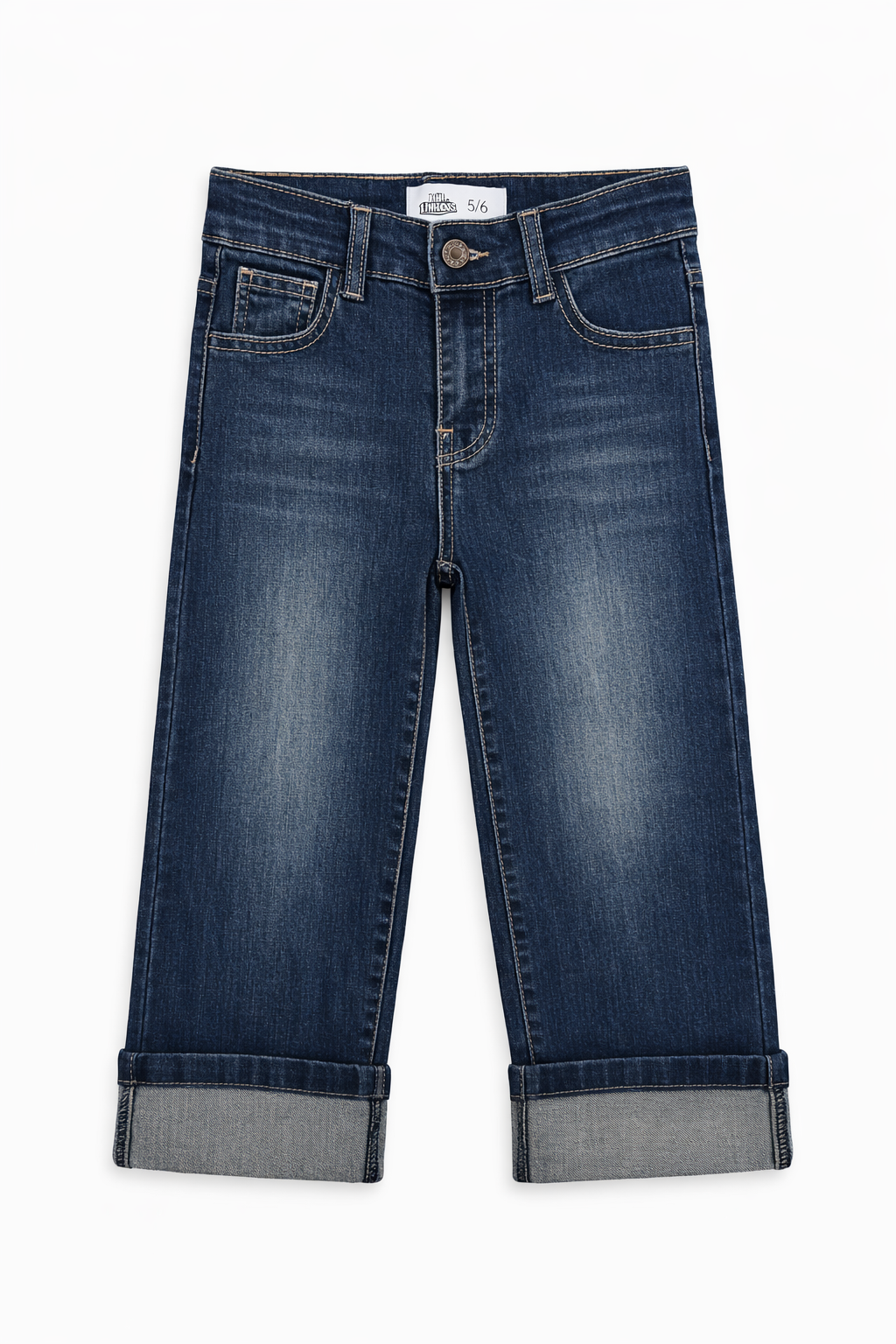 Blue jeans with rolled-up hem on a white background