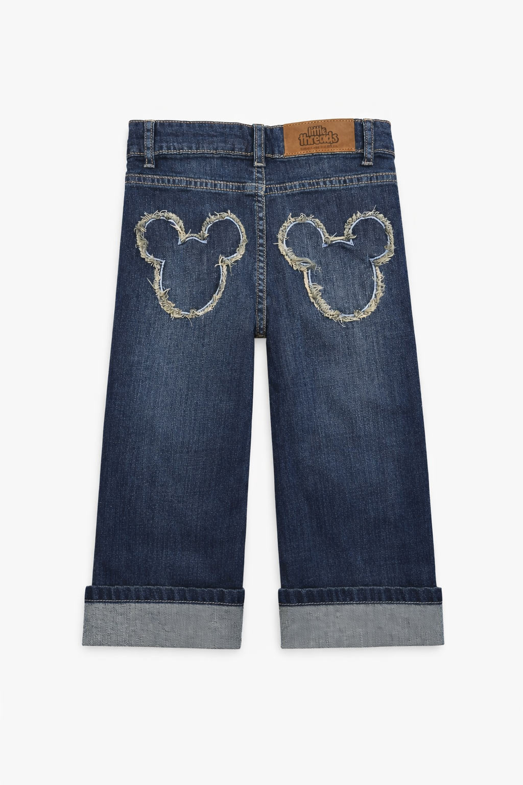 Blue jeans with Mickey Mouse ears design on a white background