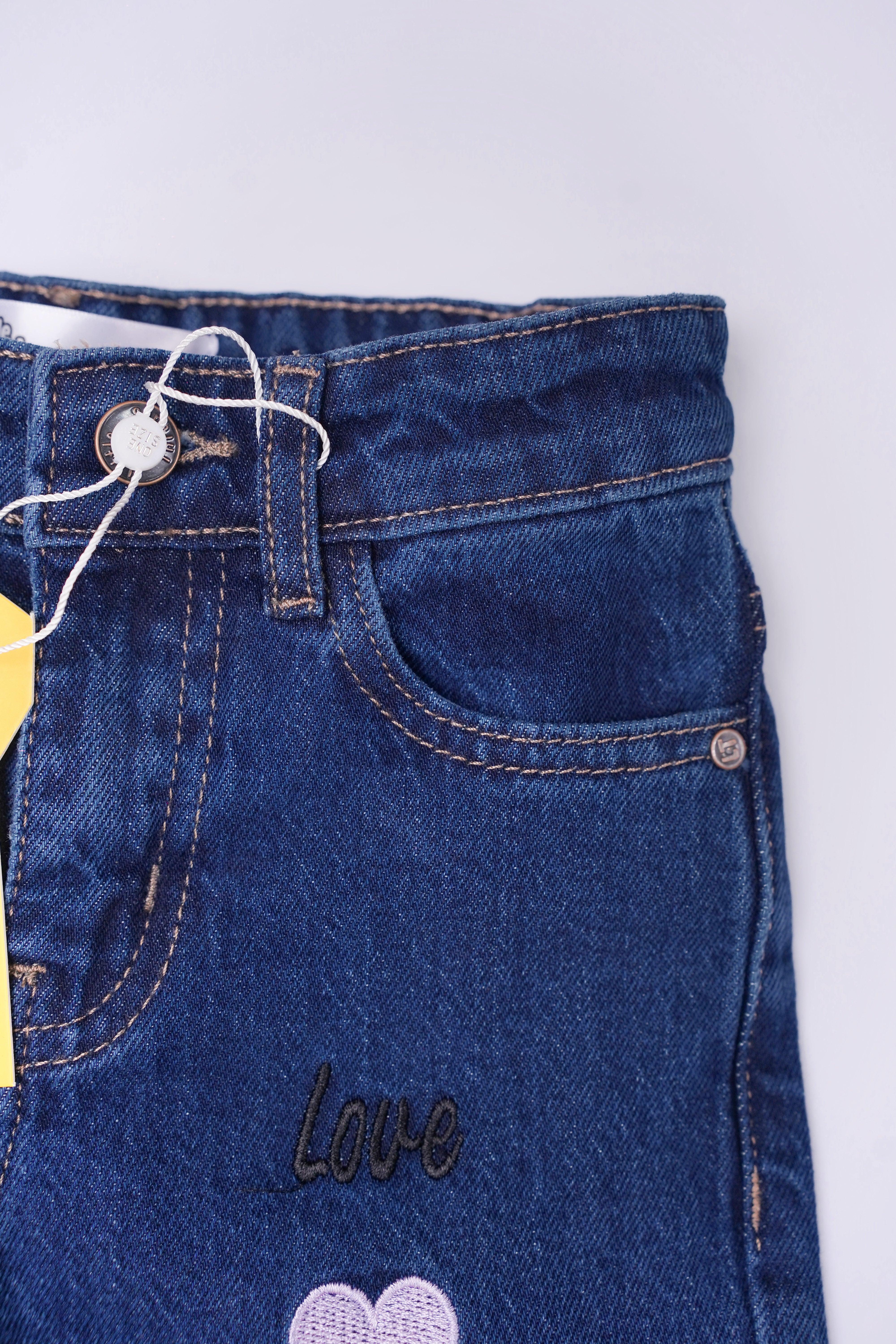Girls' Embellished Dark Blue Flared Jeans – Playful & Fashionable - Little Threads