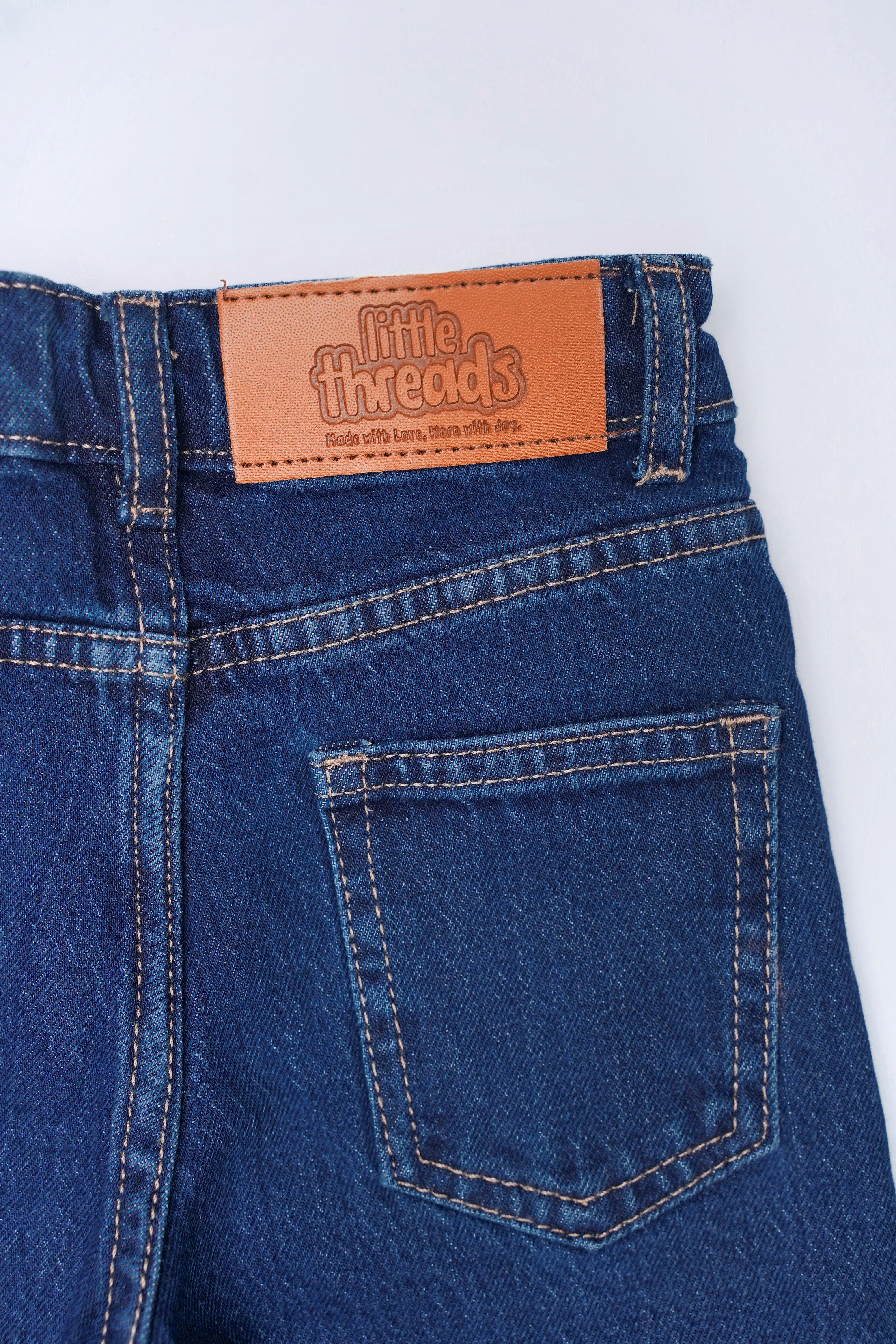 Girls' Embellished Dark Blue Flared Jeans – Playful & Fashionable - Little Threads